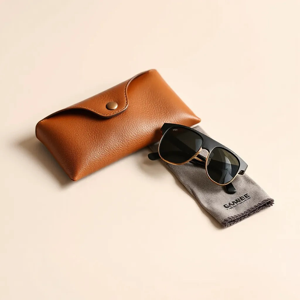 Designer sunglasses with a modern frame laid on a clean surface beside a pouch and cloth