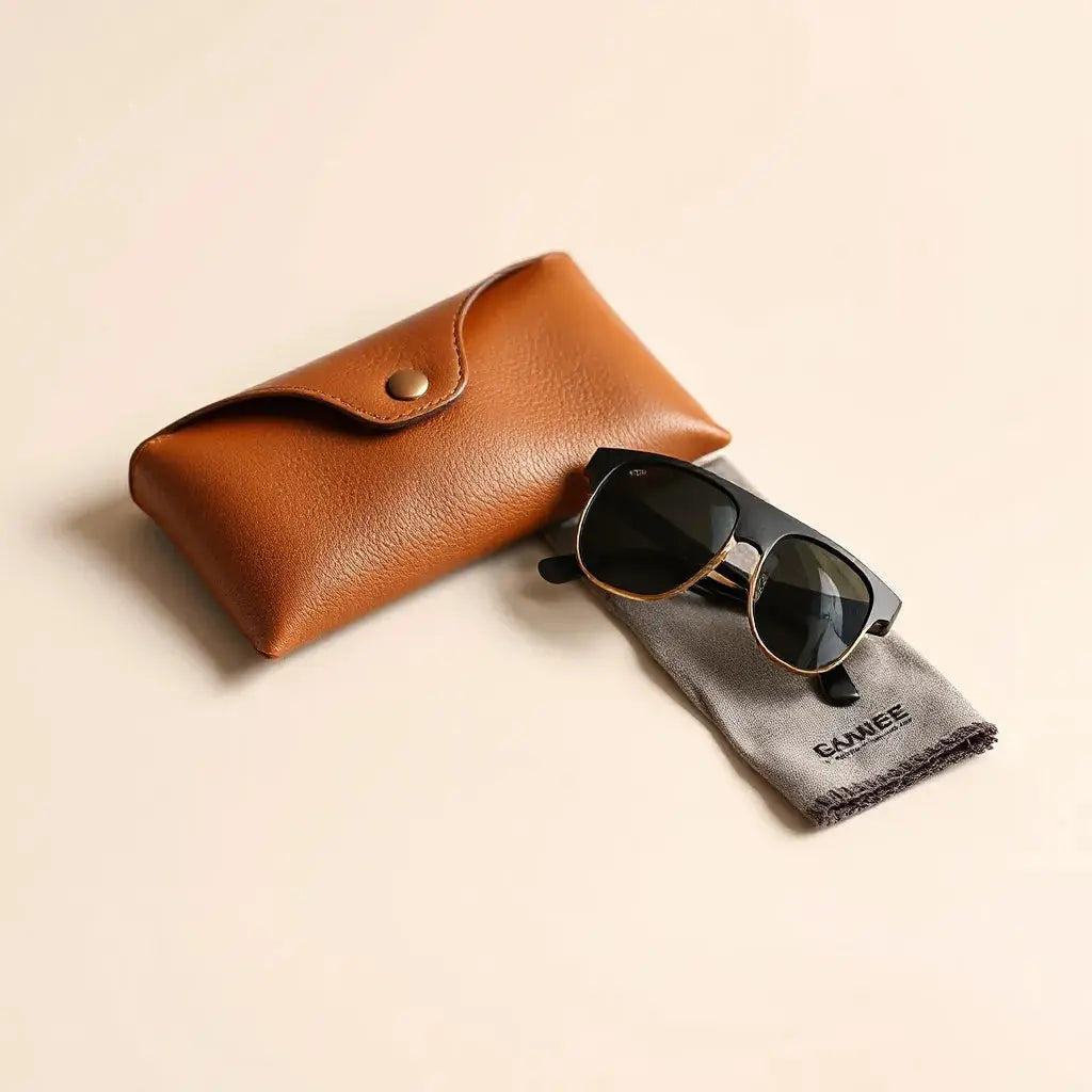 Designer sunglasses with a modern frame laid on a clean surface beside a pouch and cloth