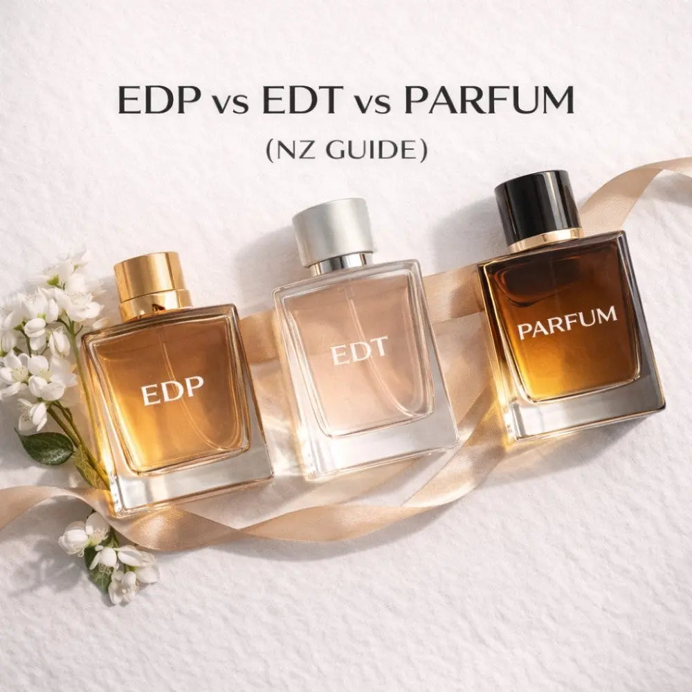 EDP vs EDT vs Parfum NZ guide image with three perfume bottles on a soft neutral background showing fragrance concentration differences.