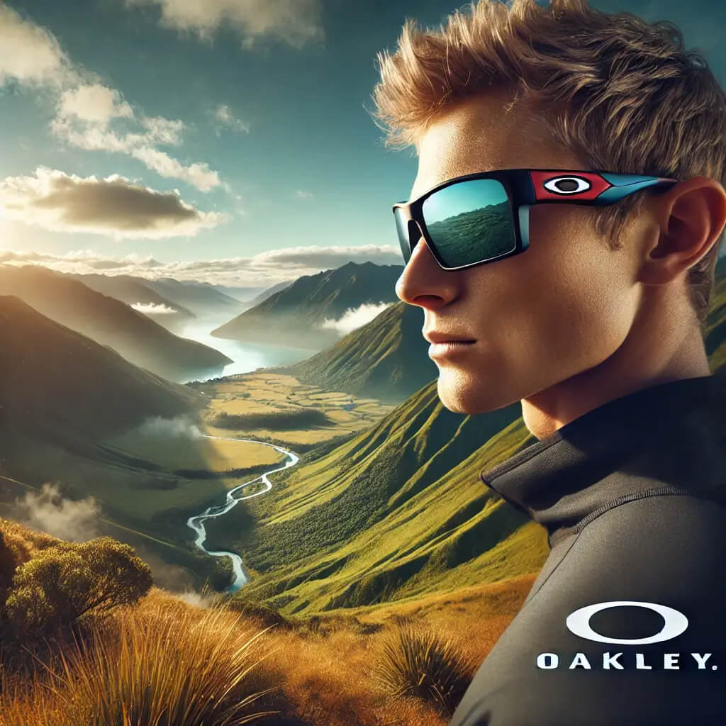 Realistic image of a person wearing Oakley sunglasses, standing in front of a breathtaking New Zealand landscape with mountains and a winding river, representing outdoor adventures.