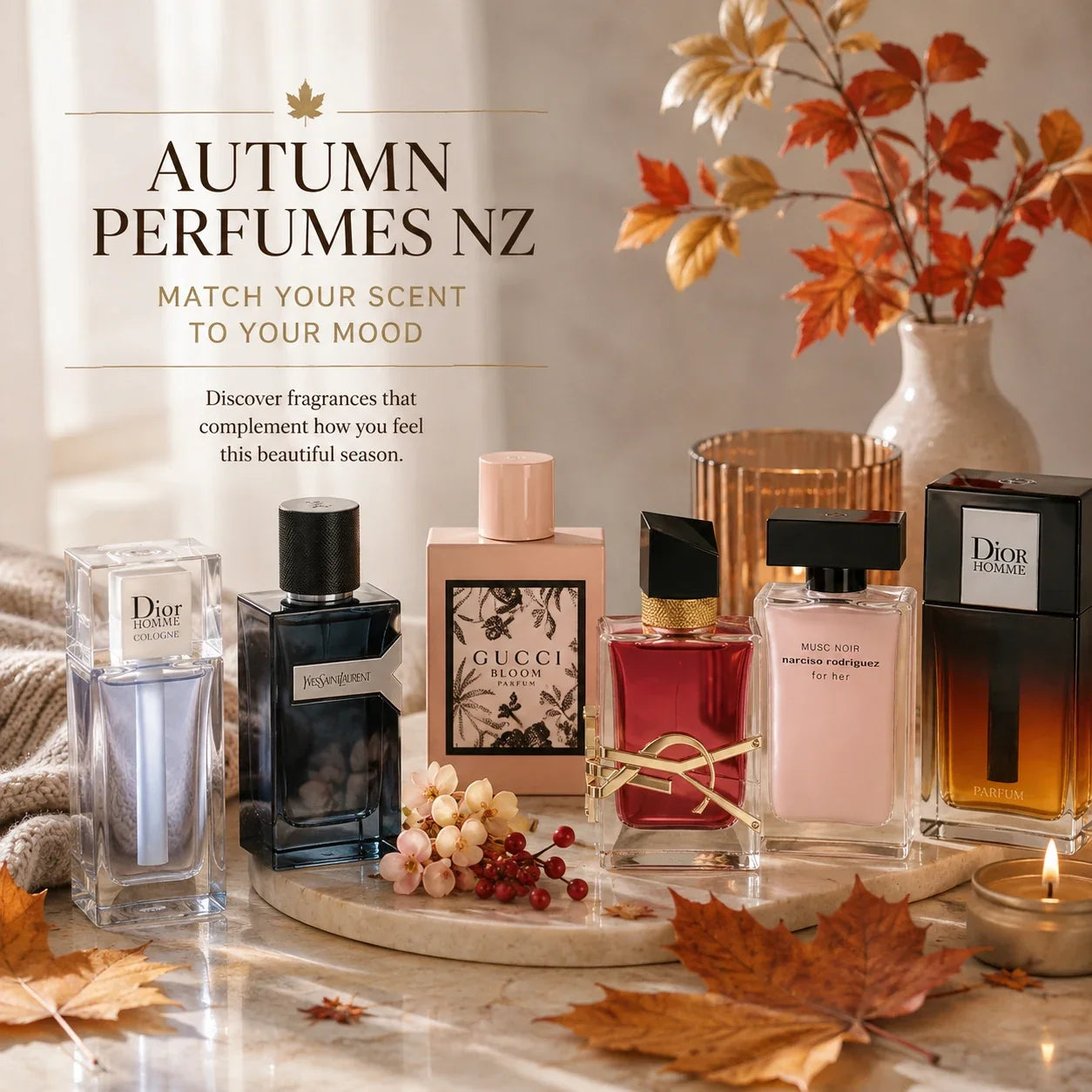 Autumn perfumes NZ with Dior Gucci YSL Narciso Rodriguez fragrances in a warm seasonal setting