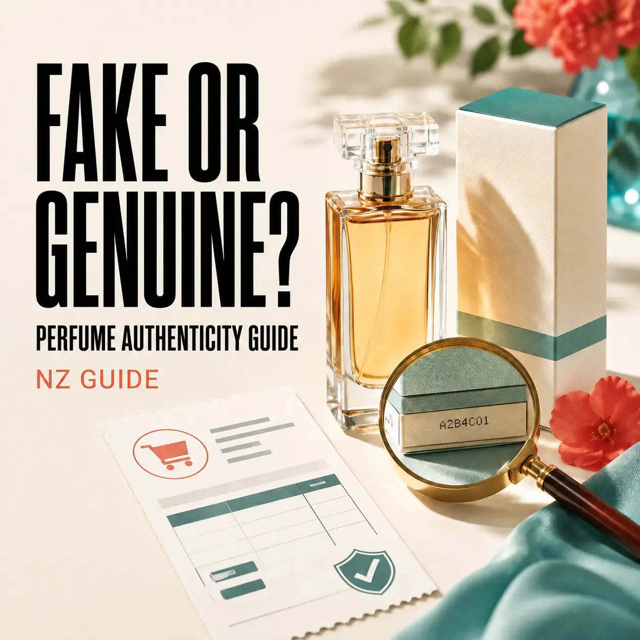 Unbranded perfume, packaging, receipt and magnifying glass for a New Zealand perfume authenticity guide
