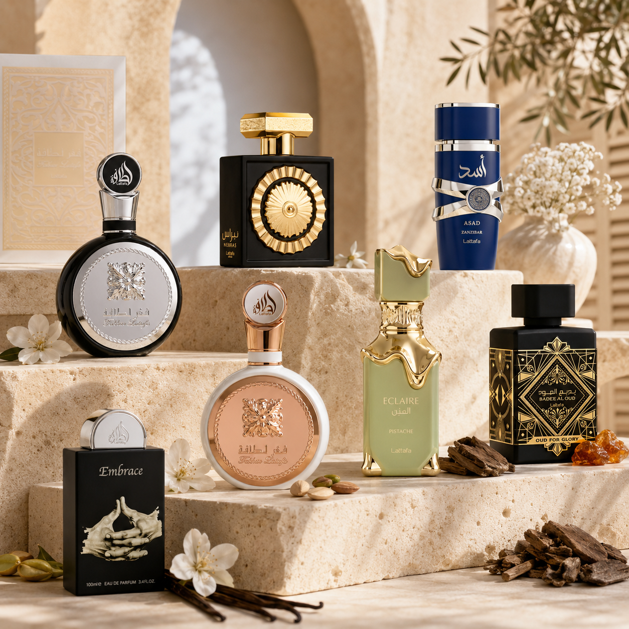 Lattafa perfumes NZ guide featuring Fakhar, Nebras, Asad Zanzibar, Eclaire Pistache, Oud for Glory and Embrace