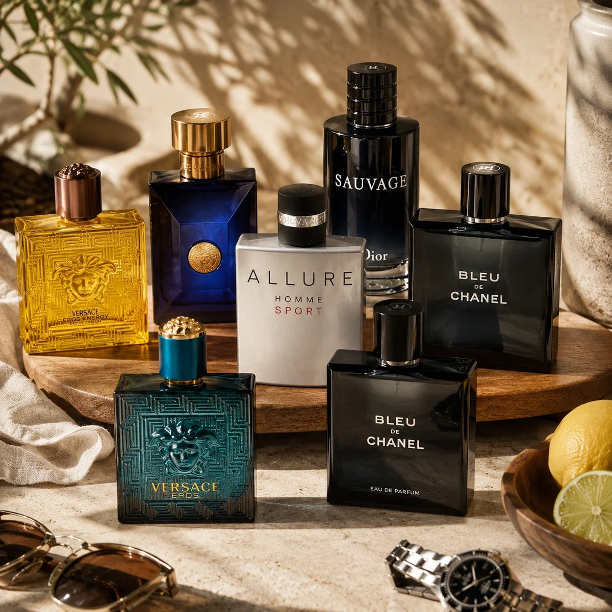 Men's Summer Perfume Finder NZ featuring Versace, Dior and Chanel fragrances in a natural summer editorial setting