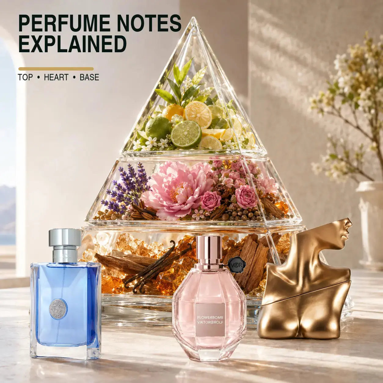 Perfume notes explained with Versace Pour Homme, Flowerbomb and Billie Eilish fragrances beside a top, heart and base pyramid