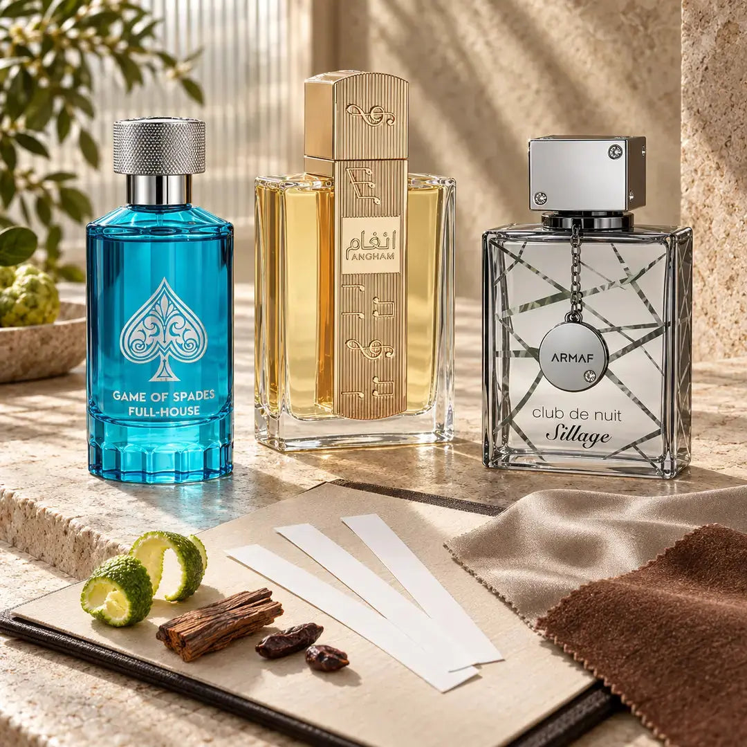 Genuine unisex perfume bottles arranged by scent family with blotters and material cues