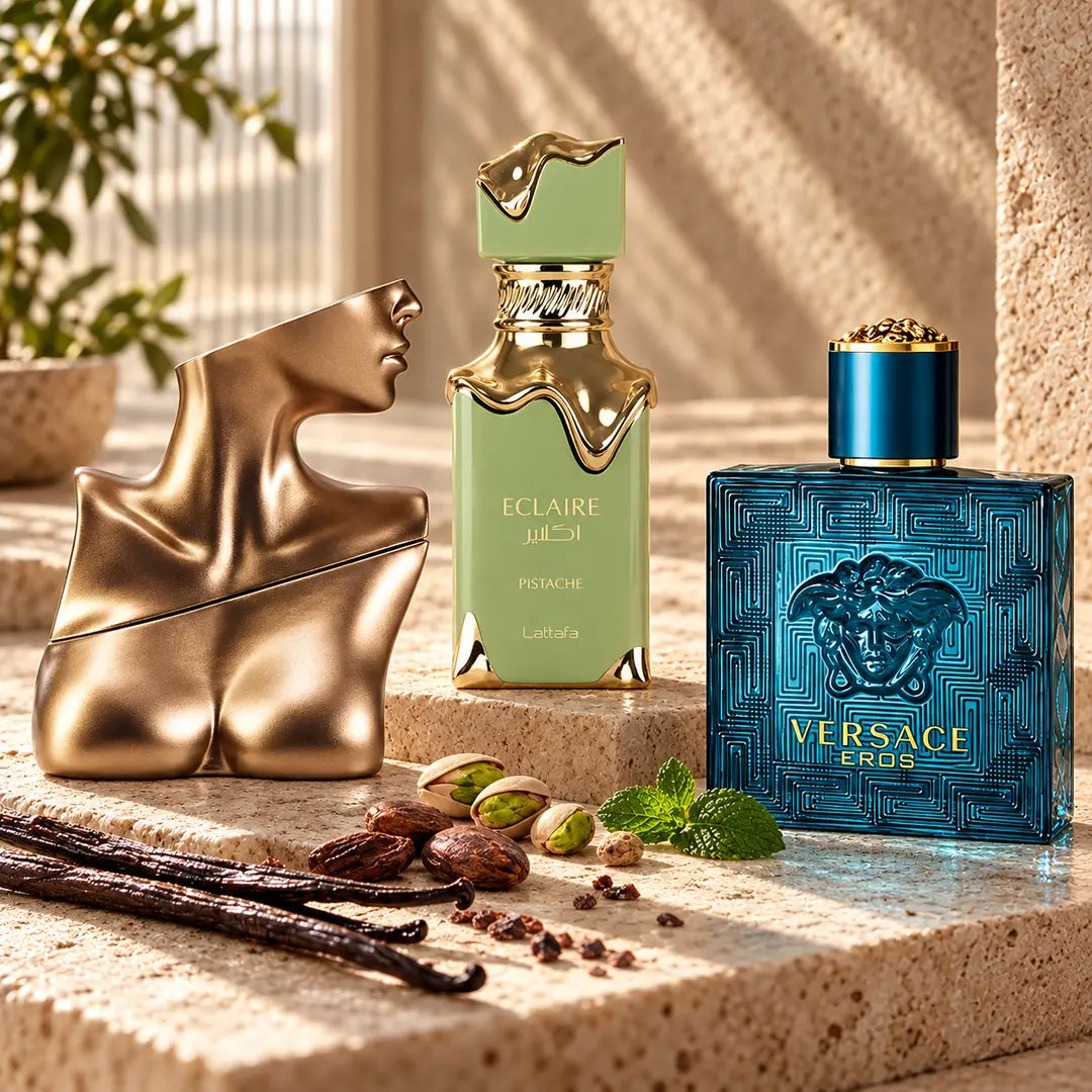 Billie Eilish, Eclaire Pistache and Versace Eros vanilla perfume styles on warm stone