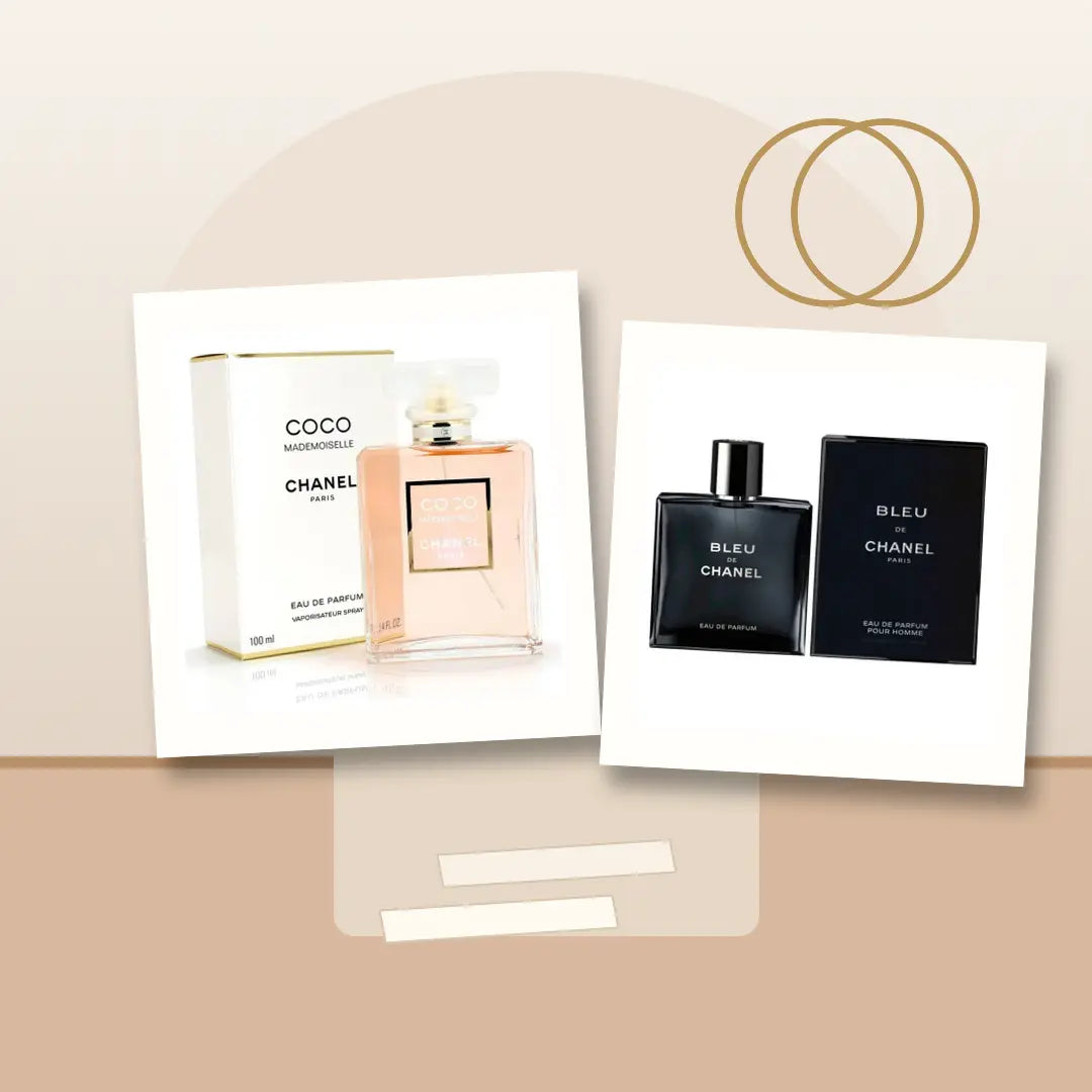 Chanel Coco Mademoiselle and Bleu de Chanel product images arranged for a New Zealand wedding perfume guide