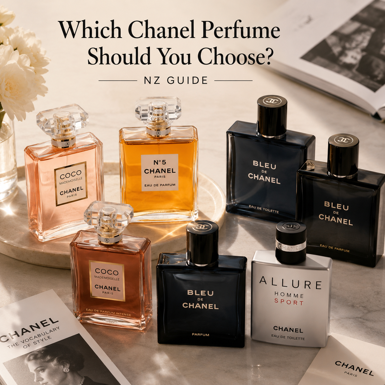 Which Chanel perfume should you choose NZ guide featuring Coco Mademoiselle, Chanel N°5, Bleu de Chanel and Allure Homme Sport