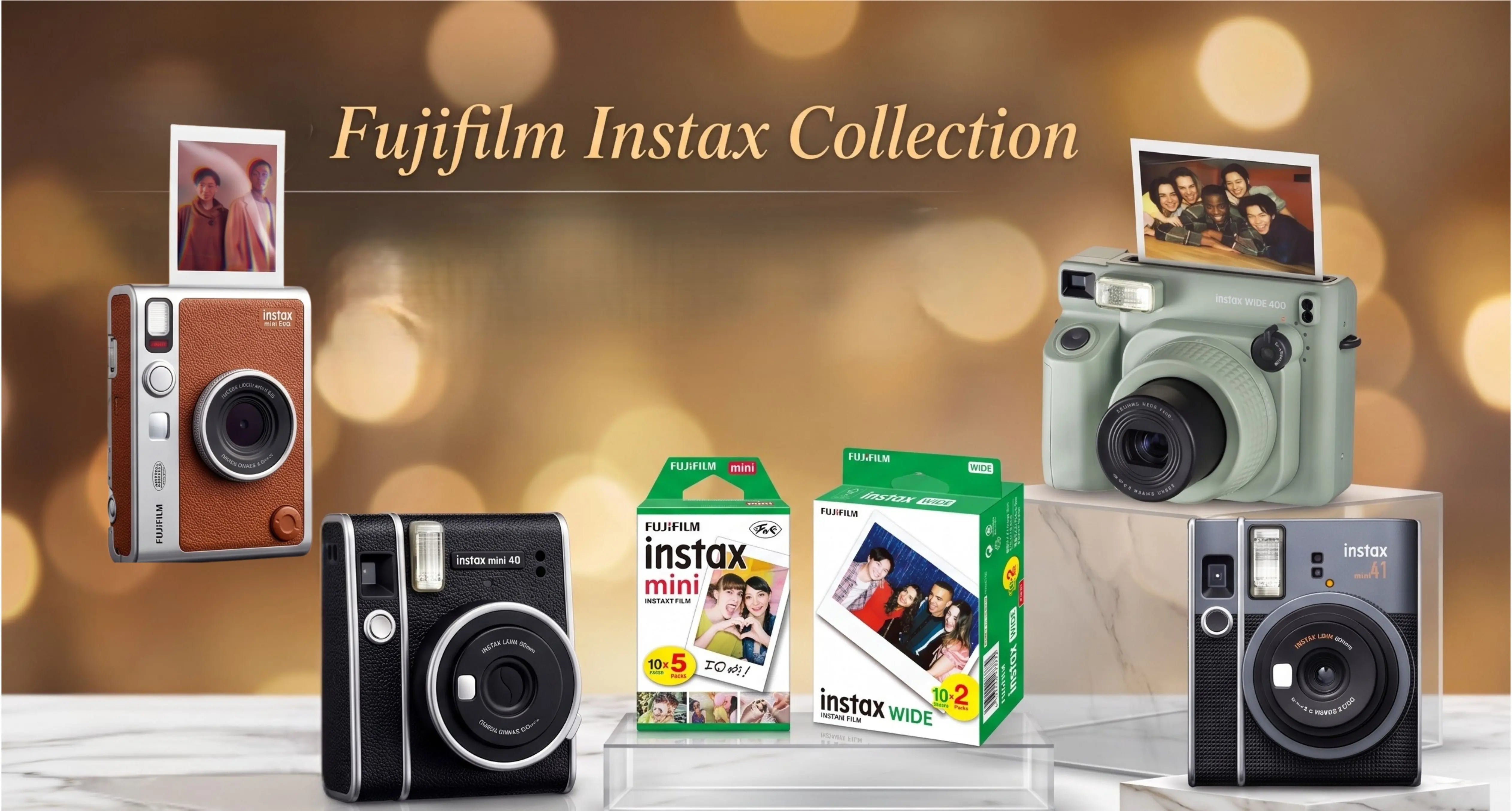 Fujifilm Instax instant cameras and film packs displayed on a premium marble surface with a warm, glowing bokeh background.