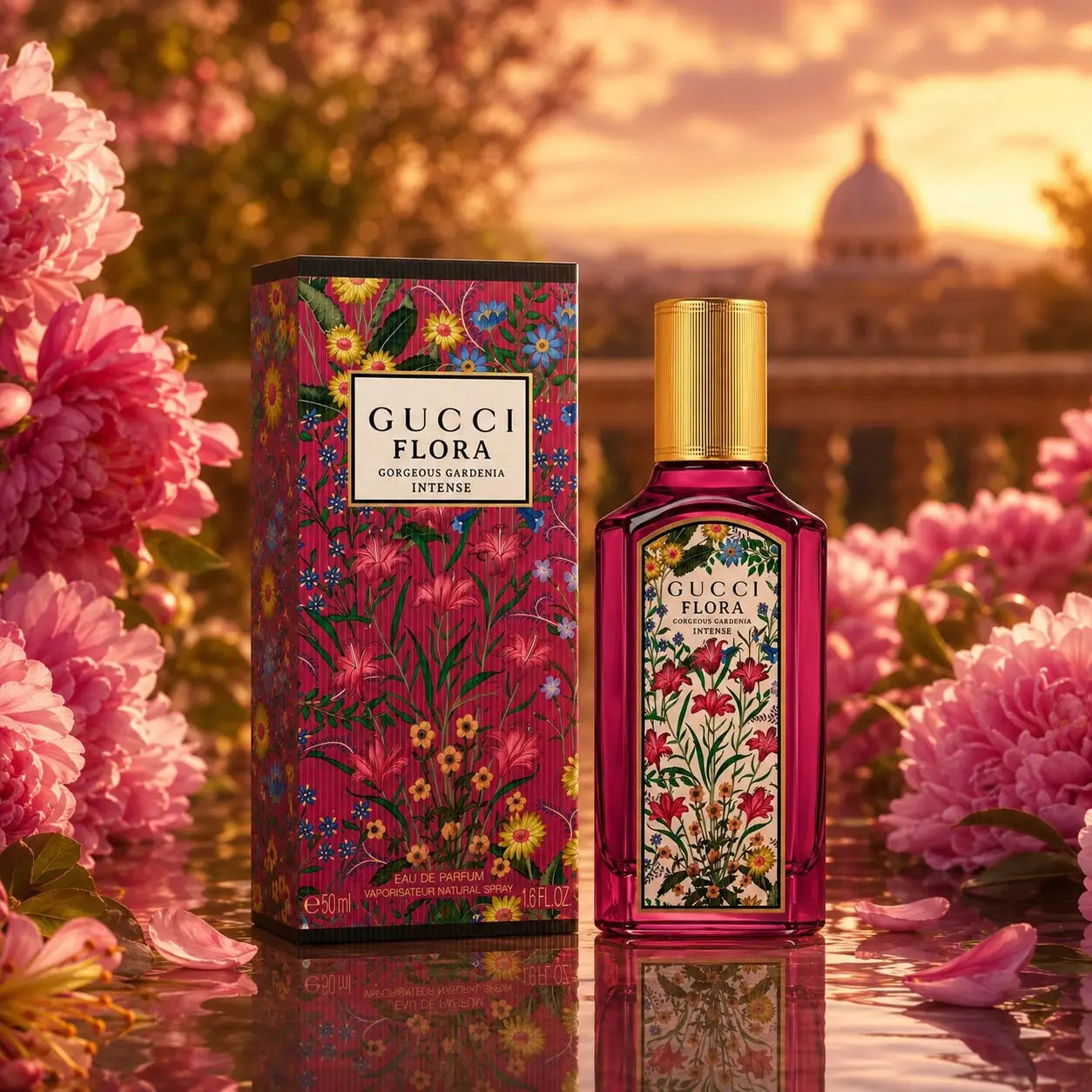 Gucci Flora Gorgeous Gardenia Intense EDP 50ml women perfume bottle and box with dark pink floral garden backdrop at Gadgets Online NZ