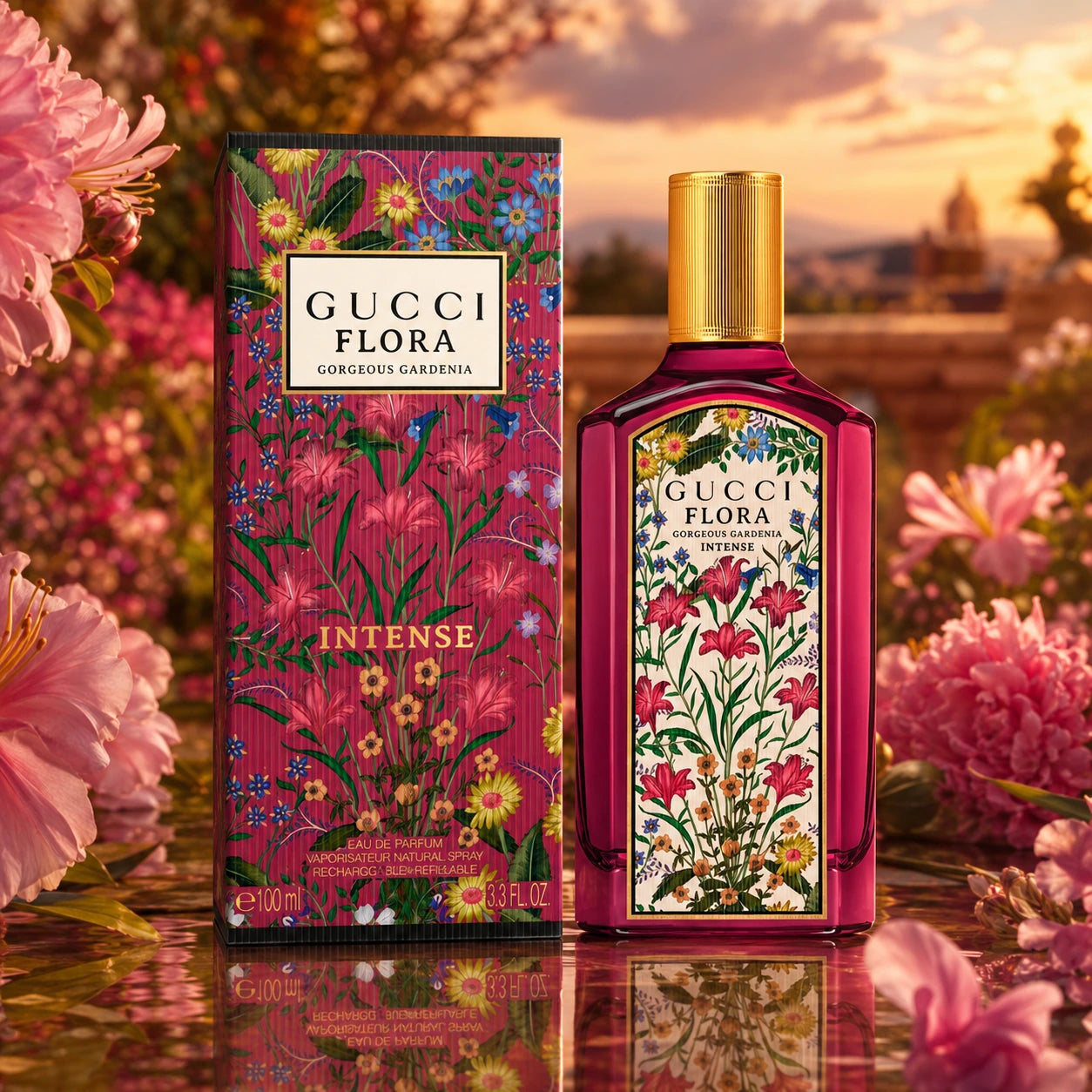 Gucci Flora Gorgeous Gardenia Intense EDP 100ml women perfume bottle and box with pink floral sunset luxury backdrop at Gadgets Online NZ