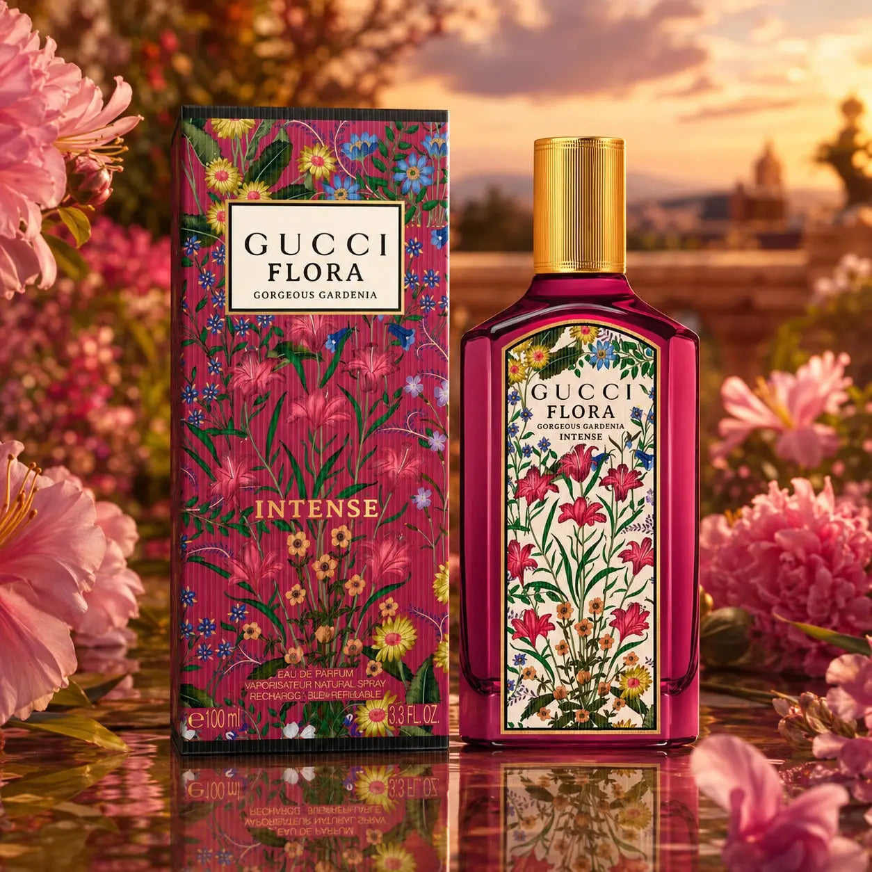 Gucci Flora Gorgeous Gardenia Intense EDP 100ml women perfume bottle and box with pink floral sunset luxury backdrop at Gadgets Online NZ