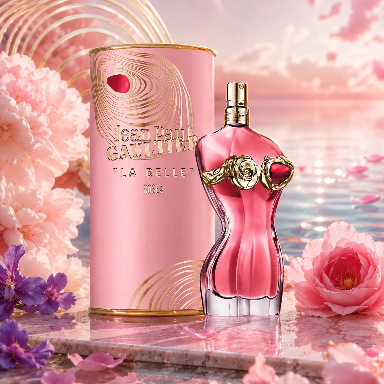 Jean Paul Gaultier La Belle Rosea EDP 100ml women perfume bottle and box with pink floral aquatic luxury backdrop at Gadgets Online NZ