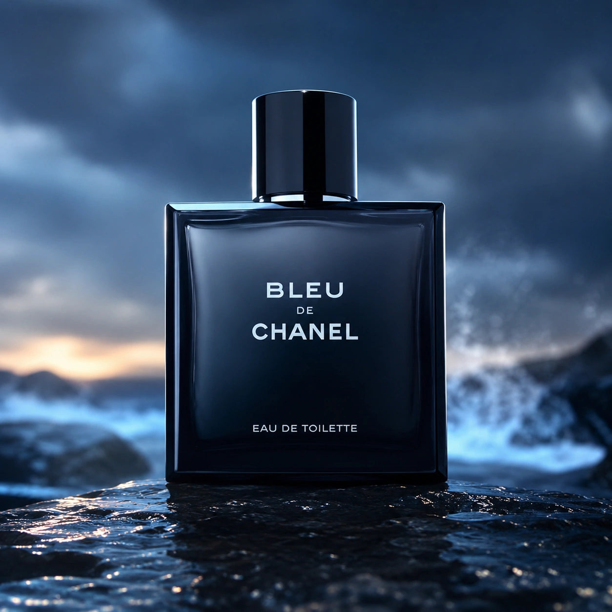 Chanel Bleu De Chanel Eau de Toilette for men bottle in a dramatic luxury setting at Gadgets Online NZ