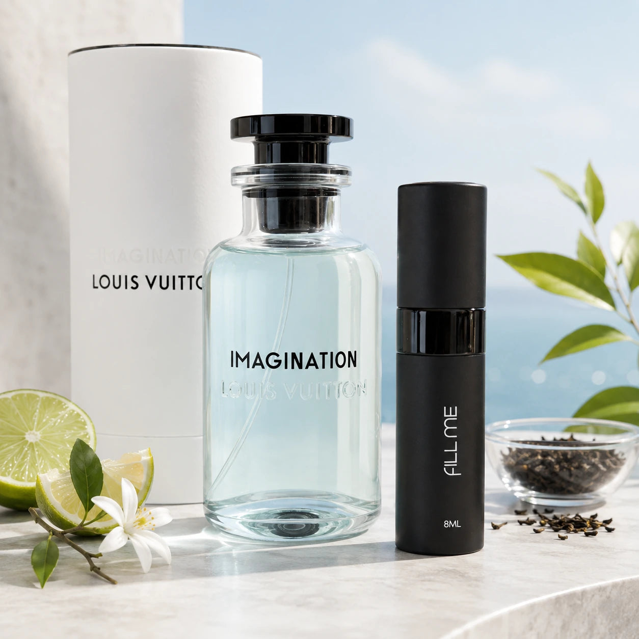 Louis Vuitton Imagination 8ml Fill Me decant hero image with original full-size bottle and box shown beside the 8ml travel atomiser for reference at Gadgets Online NZ.