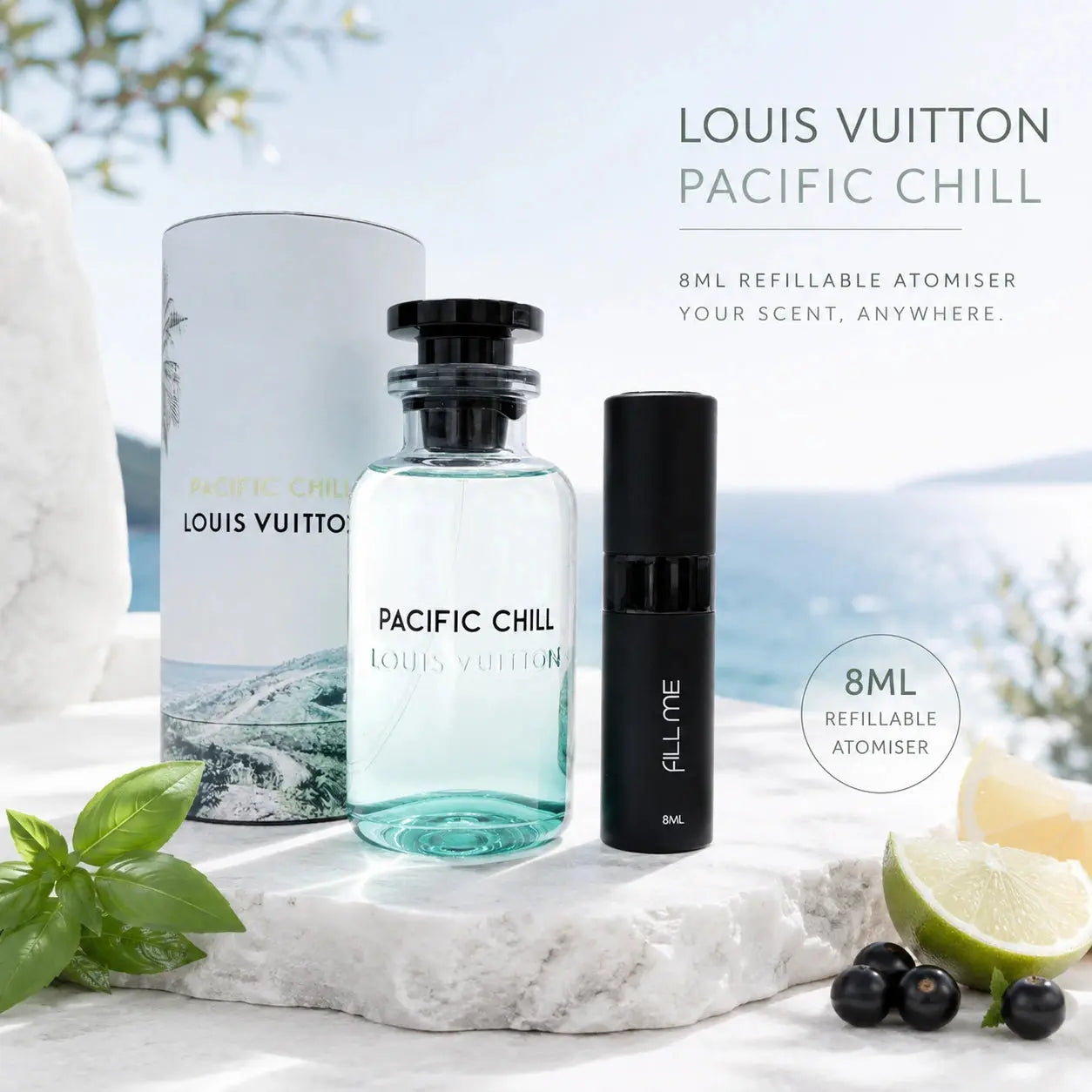 Louis Vuitton Pacific Chill EDP 8ml refillable atomiser decant main hero image with full-size bottle, box and Fill Me atomiser on a bright coastal marble setting