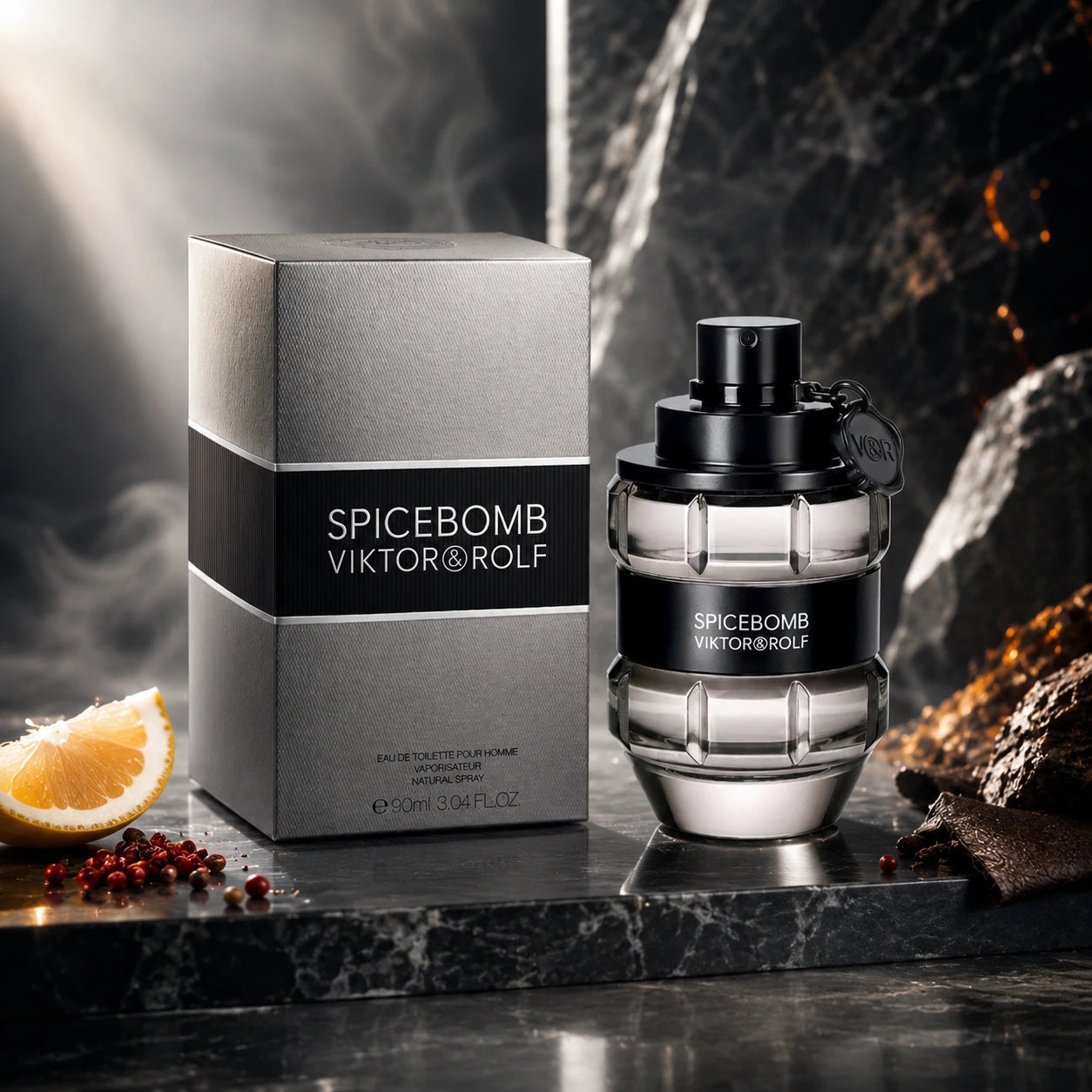 Viktor & Rolf Spicebomb EDT 90ml for men bottle and box in a premium smoky stone hero scene with warm masculine lighting.