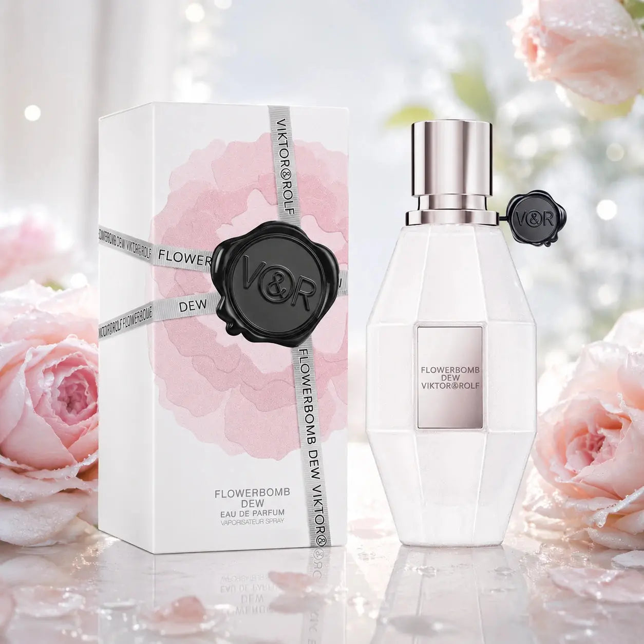 Viktor & Rolf Flowerbomb Dew EDP 50ml for women hero image with bottle and box in a soft premium floral setting