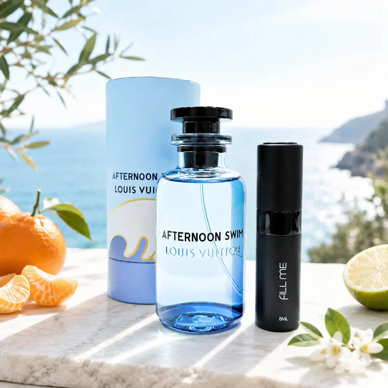 Louis Vuitton Afternoon Swim EDP 8ml refillable atomiser decant hero image with the Fill Me atomiser, full-size bottle and box shown for reference, styled with bright coastal citrus freshness.