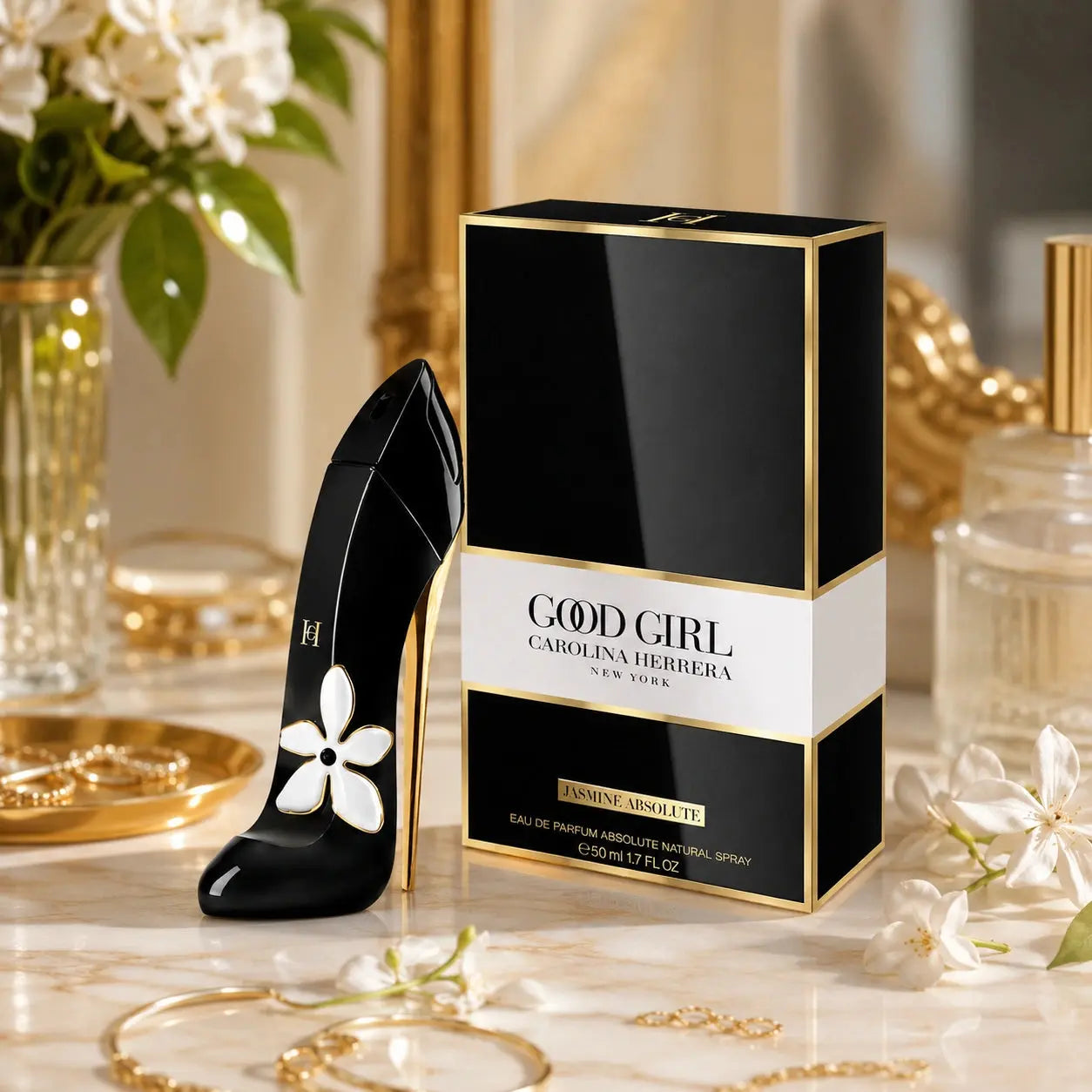 Carolina Herrera Good Girl Jasmine Absolute EDP 50ml bottle and box hero image in a bright luxury vanity setting at Gadgets Online NZ