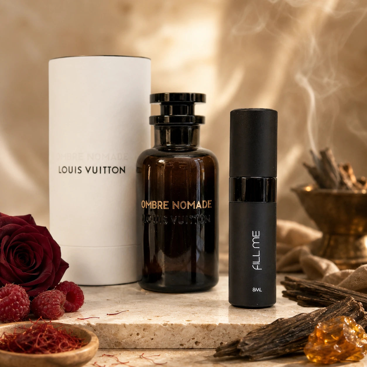 Louis Vuitton Ombre Nomade 8ml Fill Me decant with full-size bottle and box shown as authenticity reference, styled with rose, raspberry, oud wood, saffron and benzoin notes.
