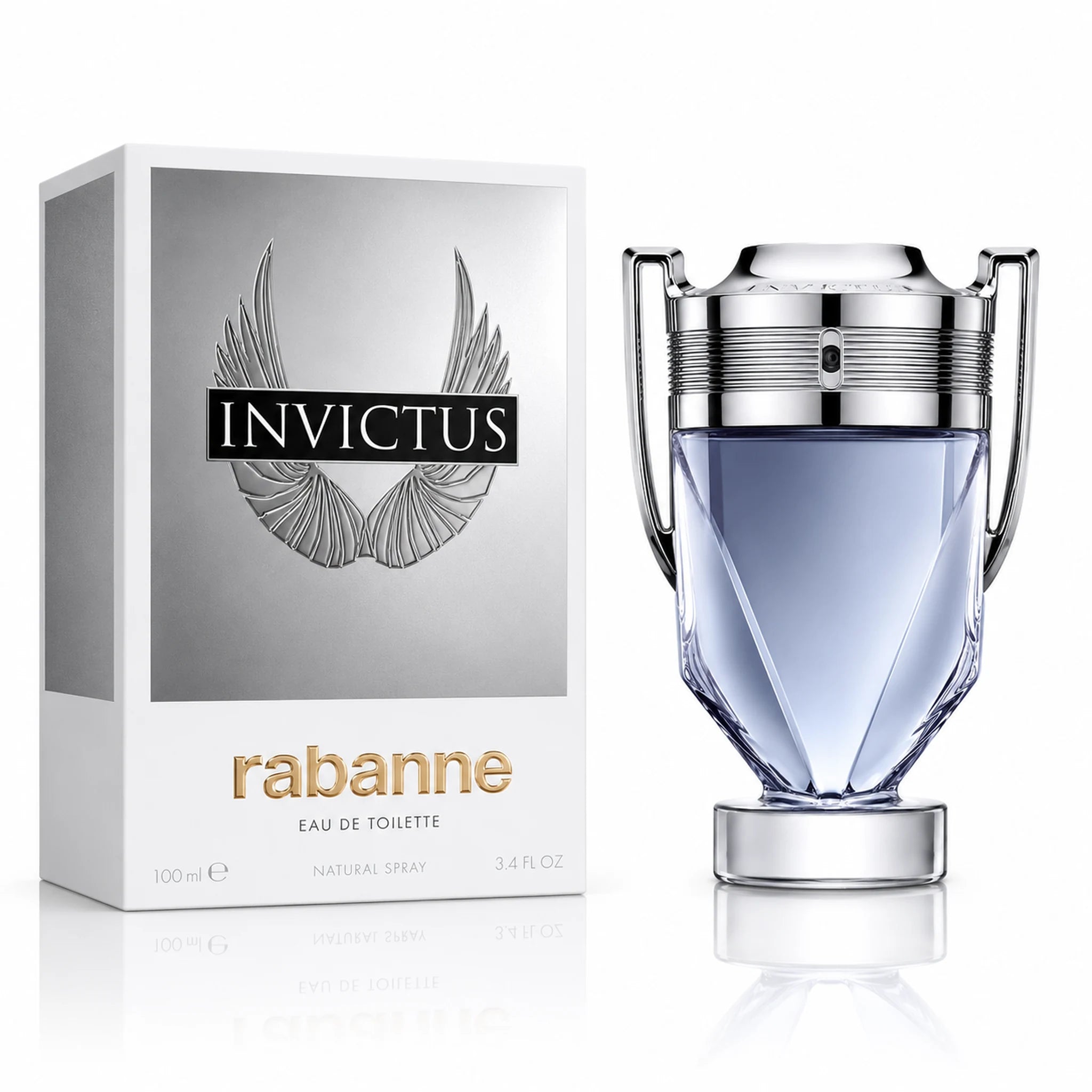 Invictus Rabanne perfume bottle and packaging on a white background