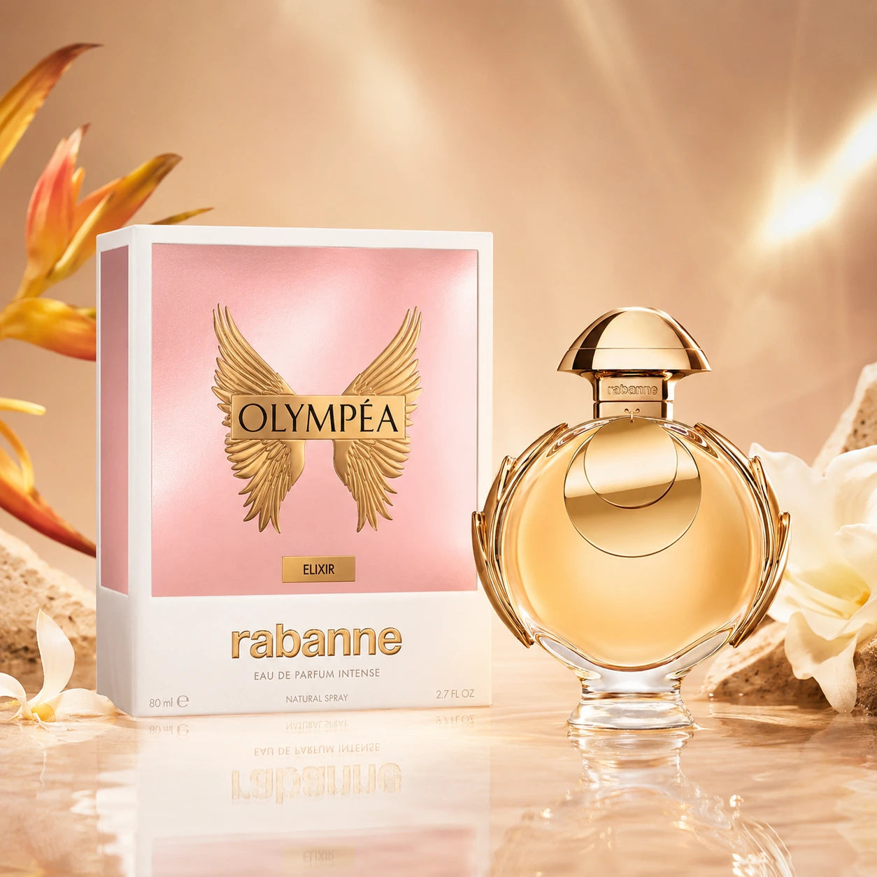 Rabanne Olympéa Elixir EDP Intense 80ml main hero image with the original bottle and box in a premium golden luxury setting.