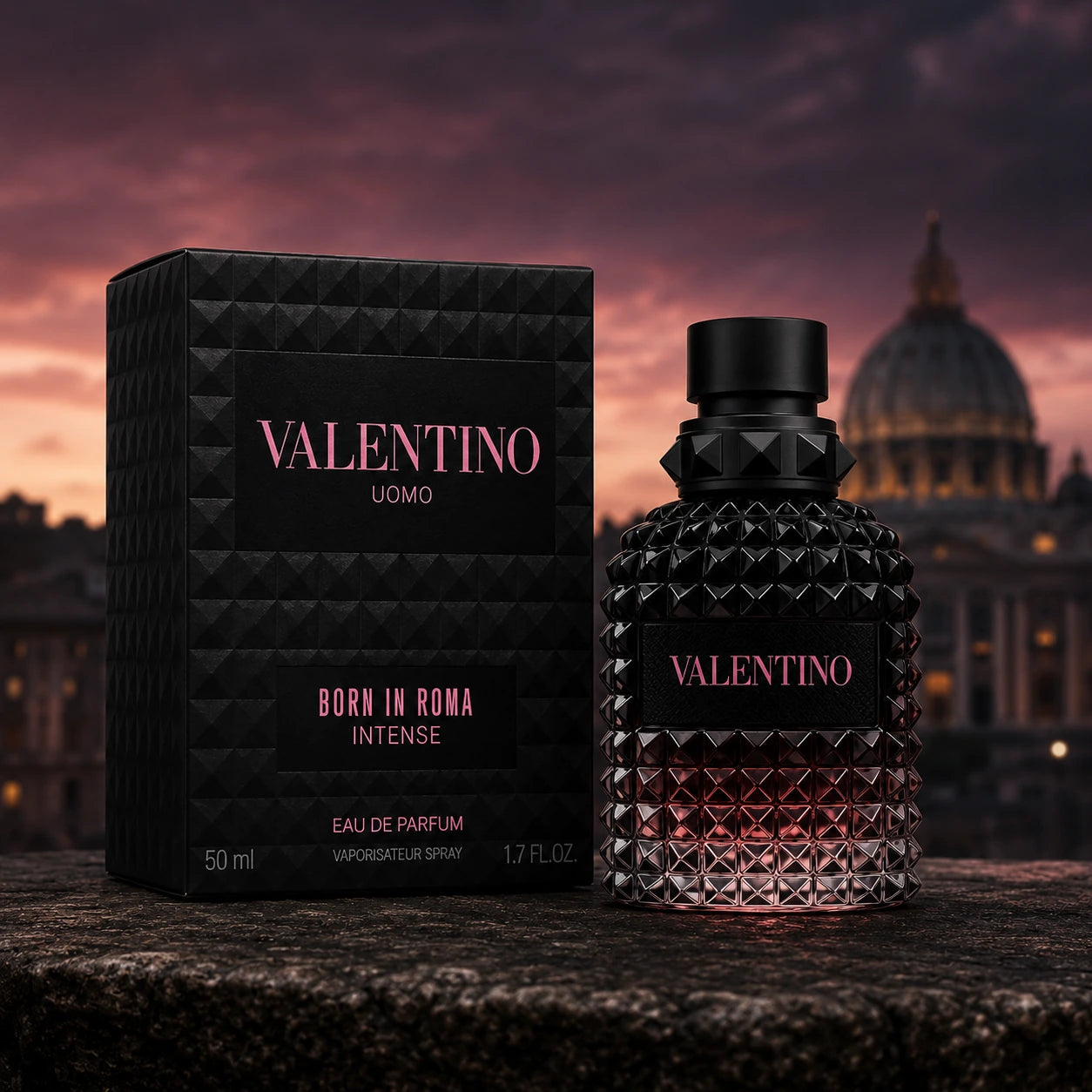 Valentino Uomo Born In Roma Intense EDP 50ml for men bottle and box hero image with dark Rome evening mood at Gadgets Online NZ