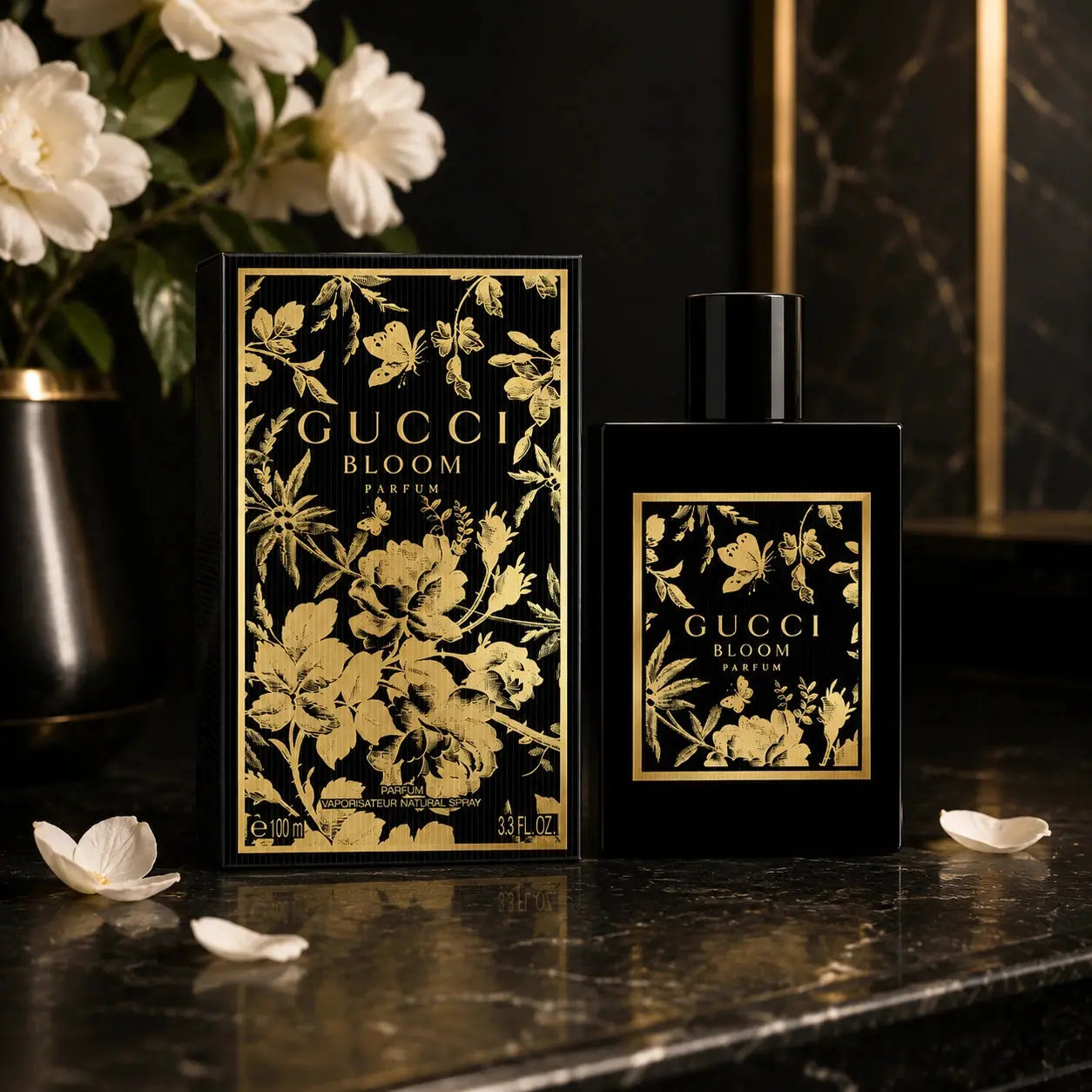 Gucci Bloom Parfum 100ml bottle only product image in an elegant floral luxury setting at Gadgets Online NZ