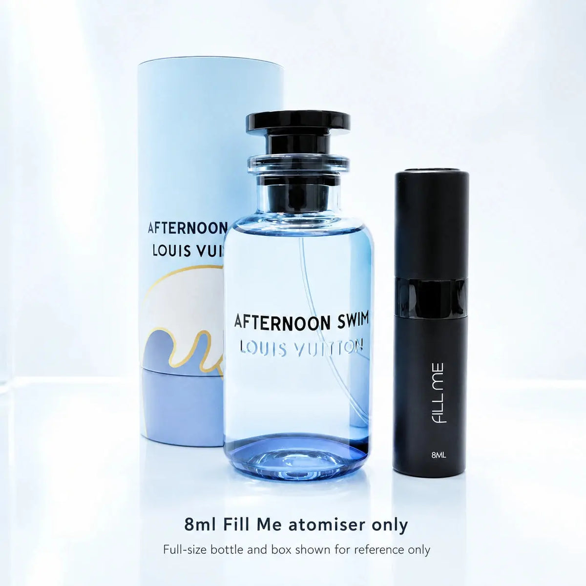 Louis Vuitton Afternoon Swim EDP 8ml refillable atomiser decant clean product image with the included Fill Me atomiser and the original full-size bottle and box shown for reference only.