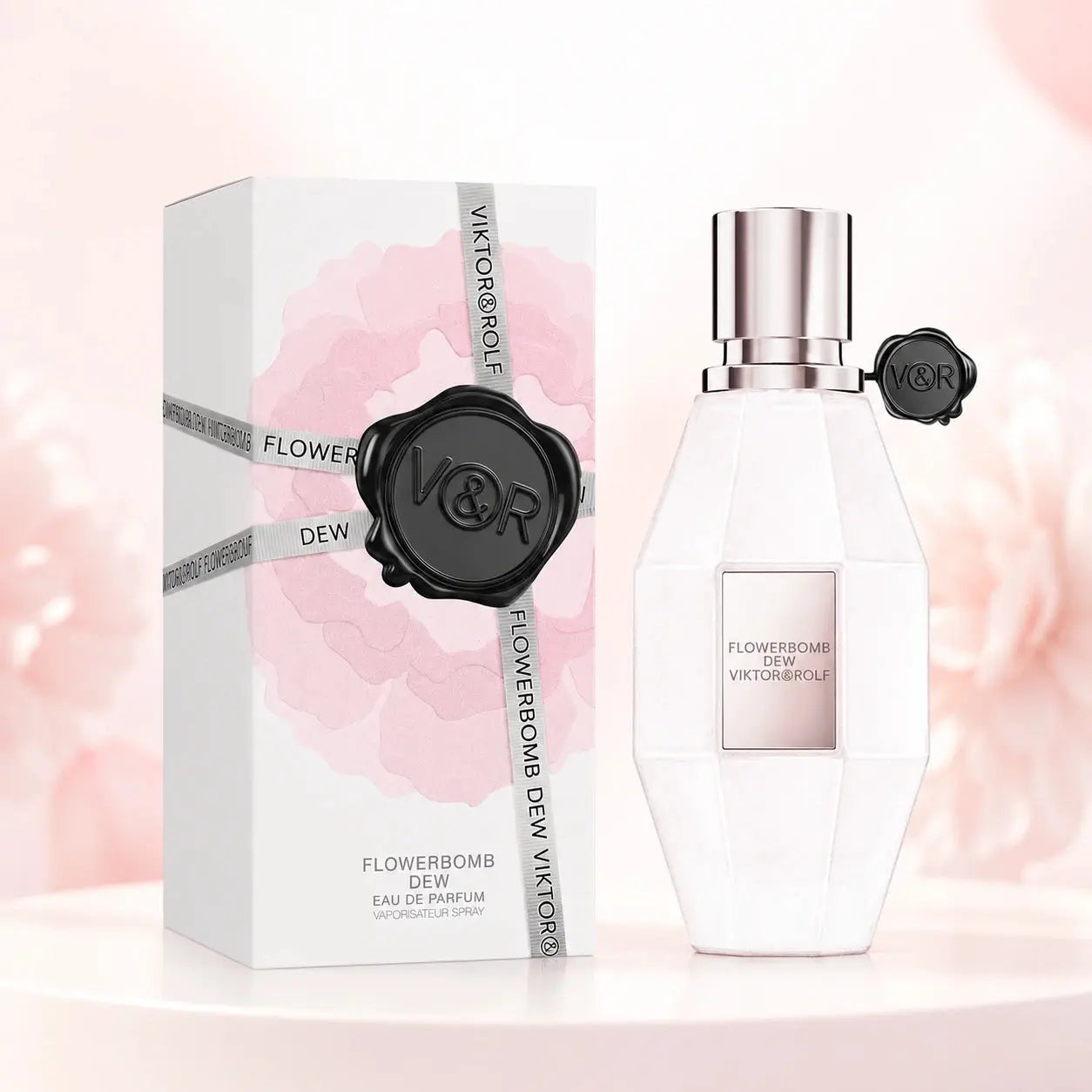 Viktor & Rolf Flowerbomb Dew EDP 50ml bottle and box clean product image for women on a bright luxury background