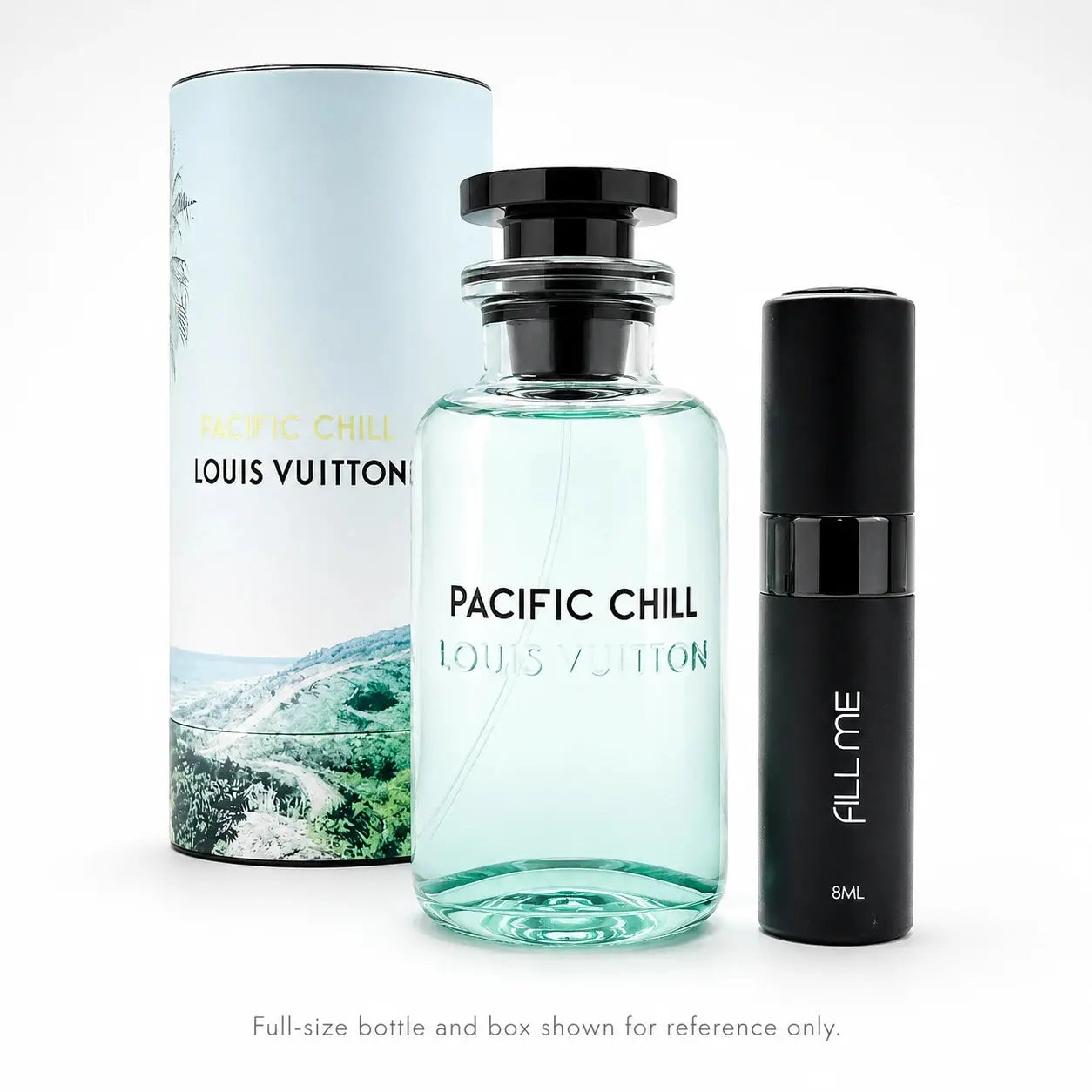 Louis Vuitton Pacific Chill EDP 8ml refillable atomiser decant clean product image with full-size bottle and box shown for reference and Fill Me 8ml atomiser