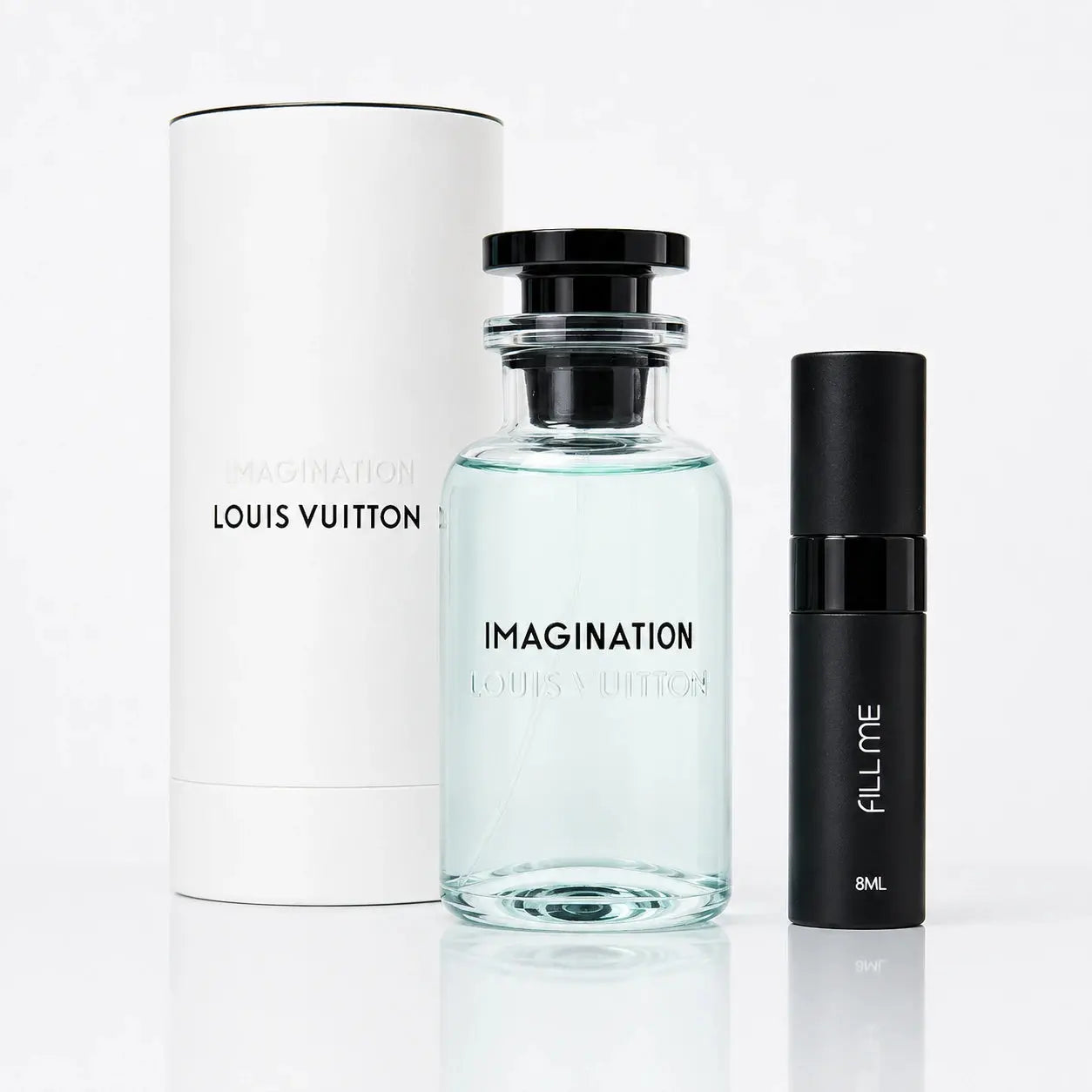 Louis Vuitton Imagination 8ml Fill Me decant clean product image showing the 8ml atomiser with the original full-size bottle and box for reference at Gadgets Online NZ.