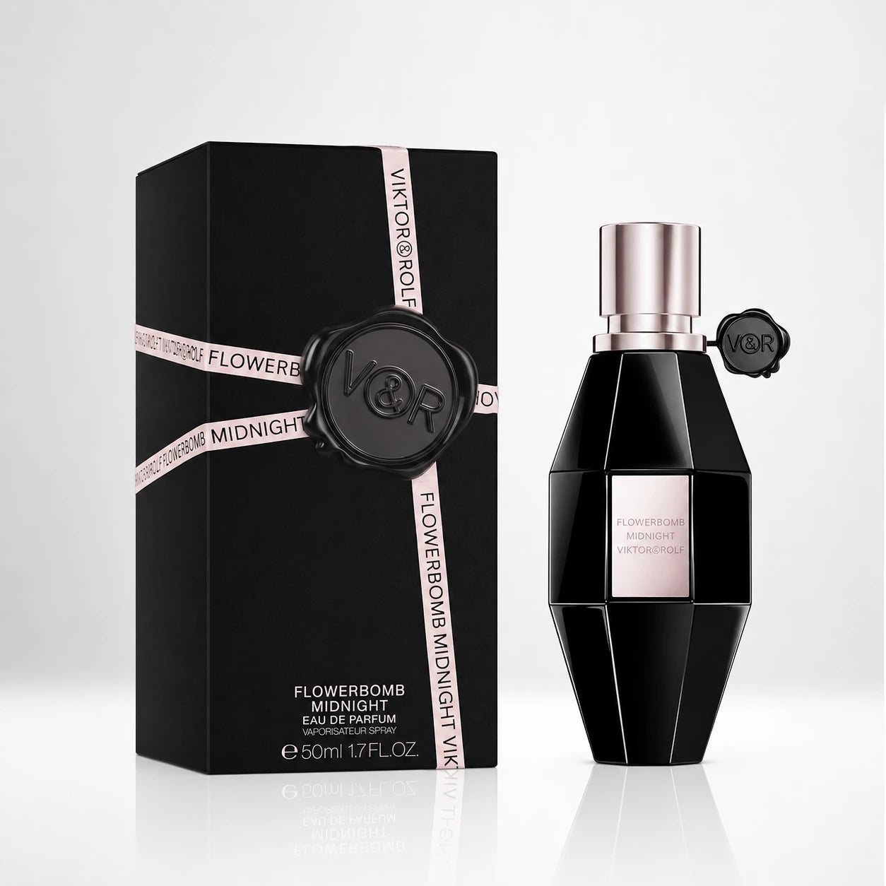 Viktor & Rolf Flowerbomb Midnight EDP 50ml bottle and box product image with a clean luxury still life presentation.