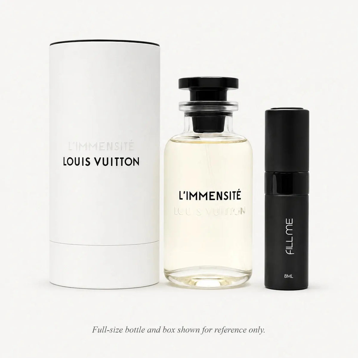 Louis Vuitton L'Immensité 8ml decant clean product image showing Fill Me 8ml atomiser with full-size bottle and box for reference only.