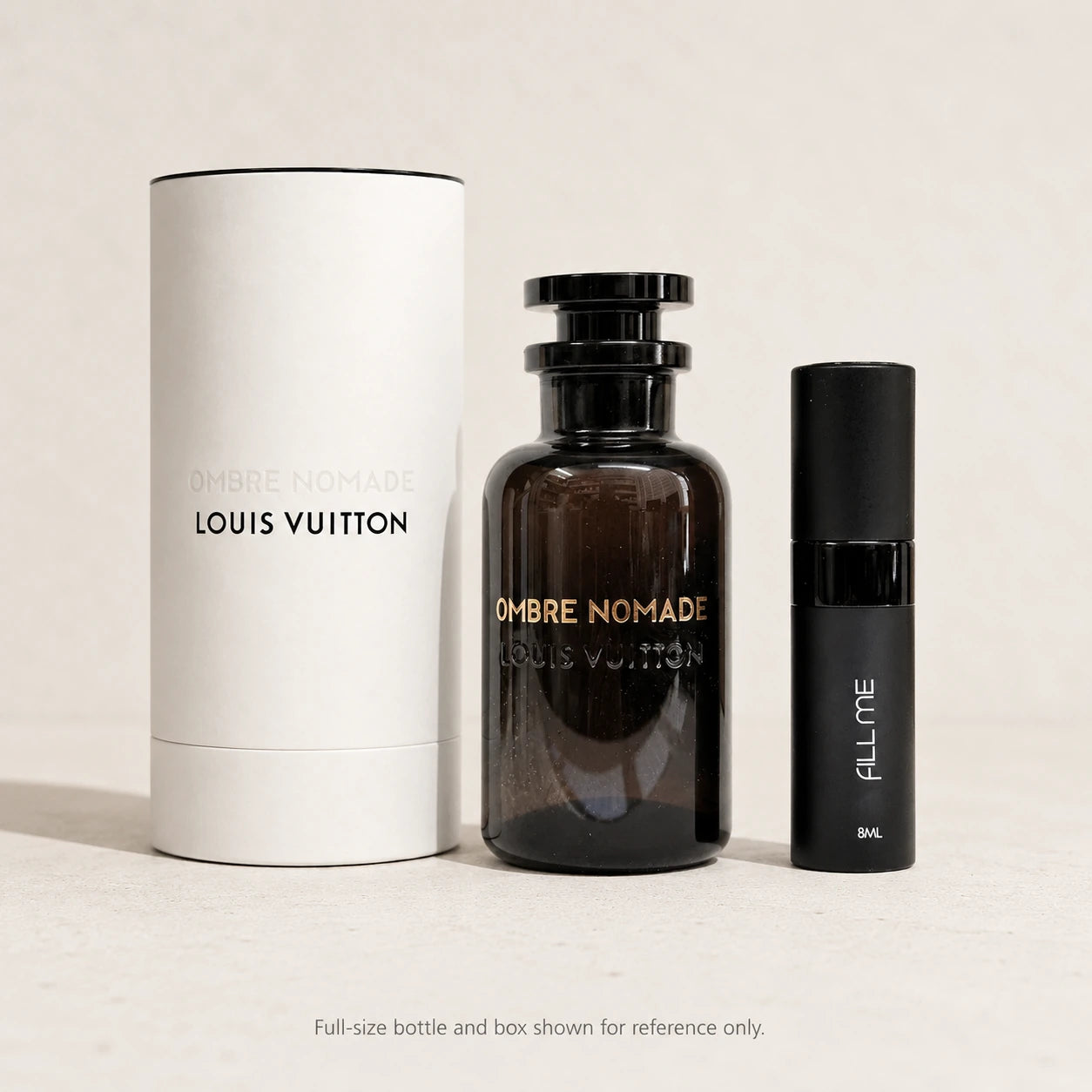 Louis Vuitton Ombre Nomade 8ml Fill Me atomiser with full-size bottle and box shown for reference only on a clean neutral background.