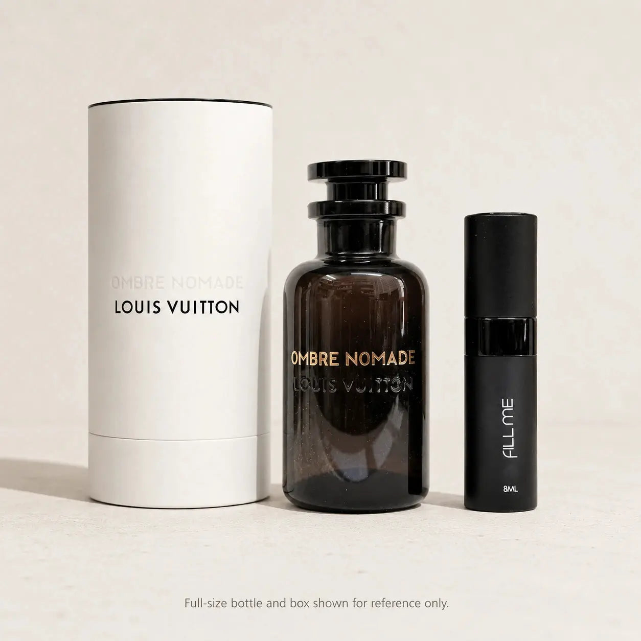 Louis Vuitton Ombre Nomade 8ml Fill Me atomiser with full-size bottle and box shown for reference only on a clean neutral background.