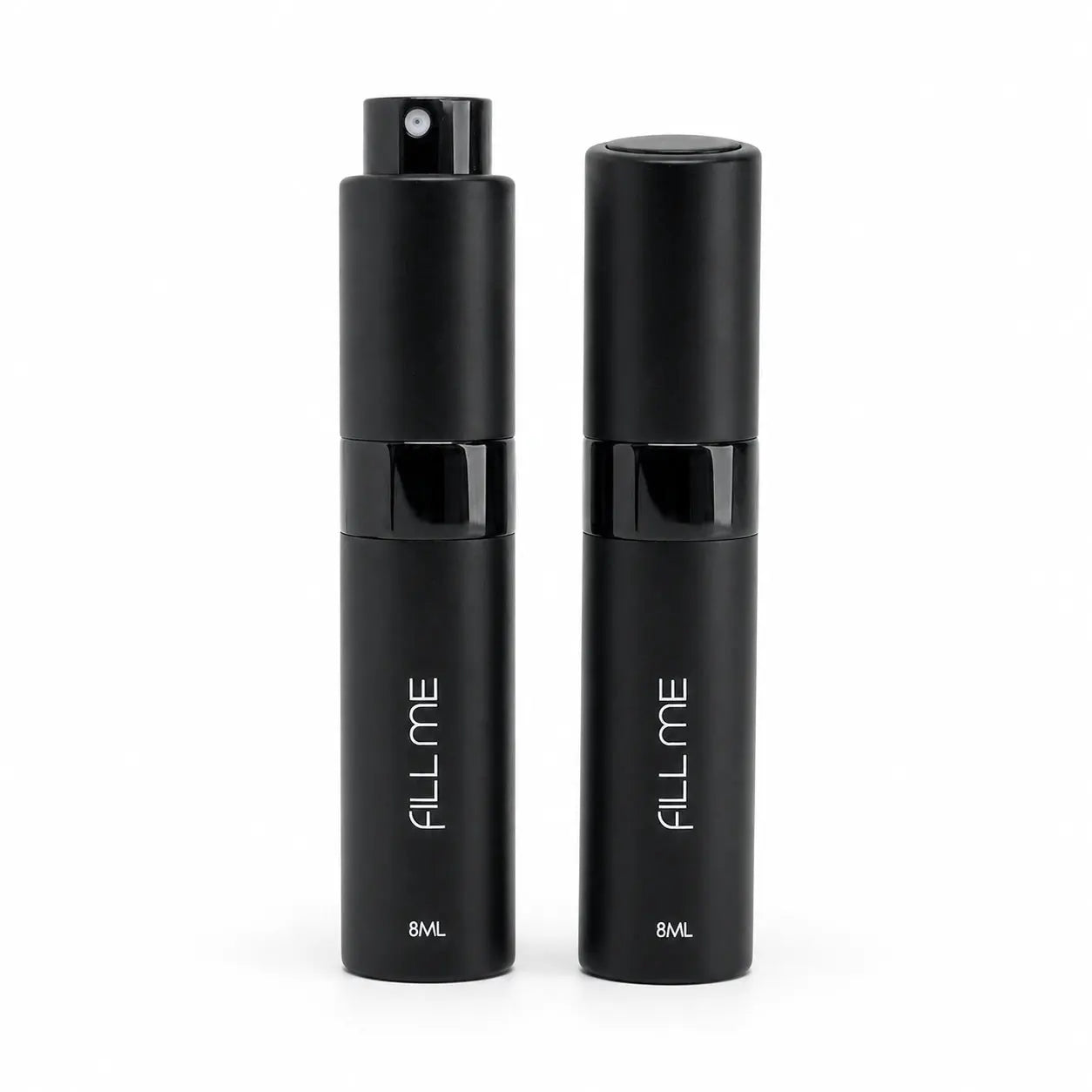 Fill Me refillable 8ml travel perfume atomiser bottle black clean product image showing two matte black atomisers on a white background.
