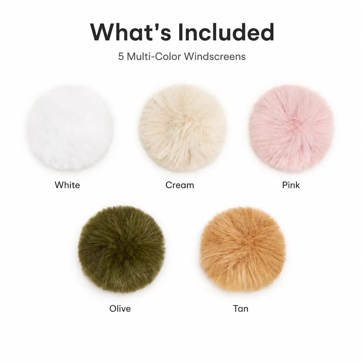 Five multi-color windscreens displayed with labels on a white background