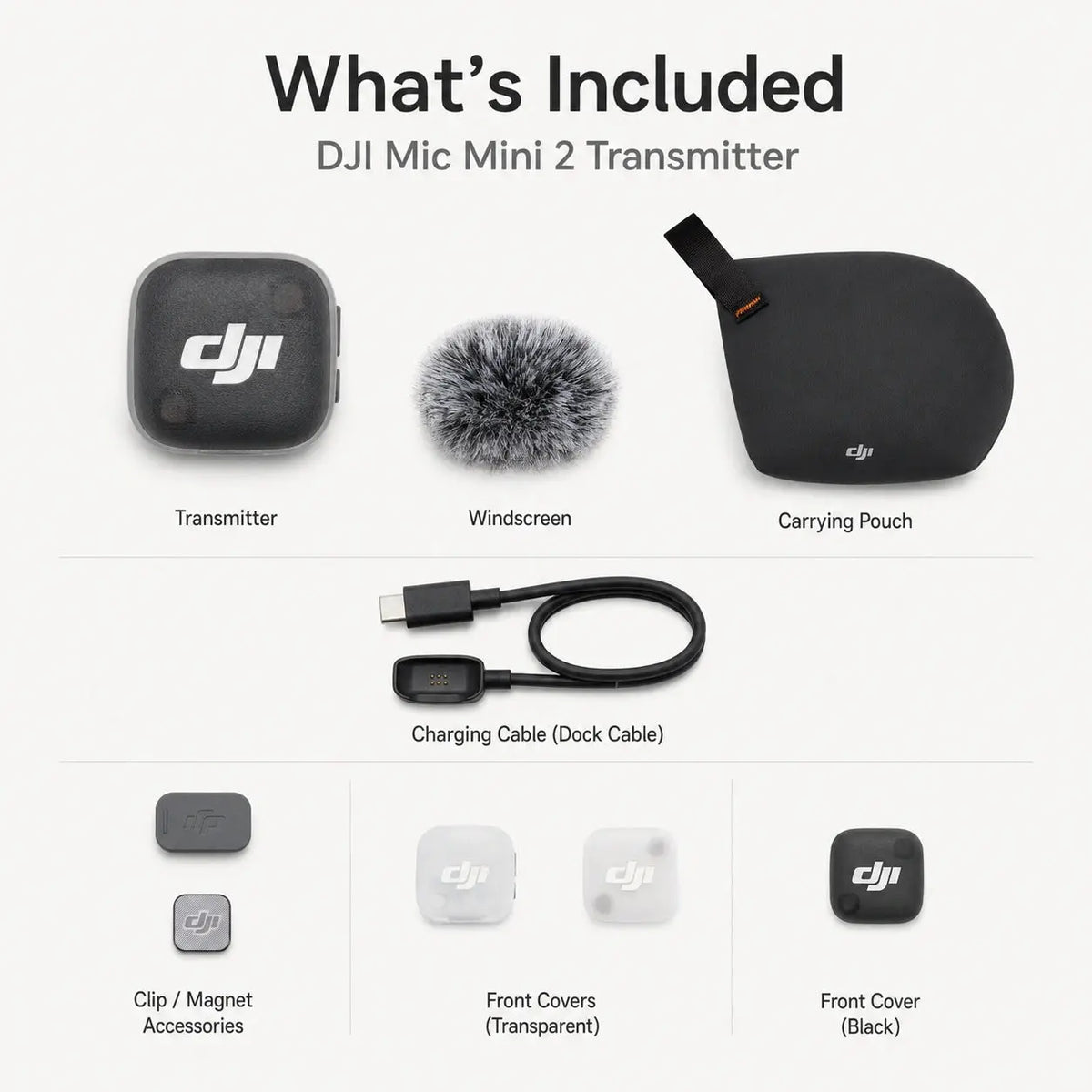DJI Mic Mini 2 Transmitter package contents with pouch, cable, windscreen and accessories at Gadgets Online NZ