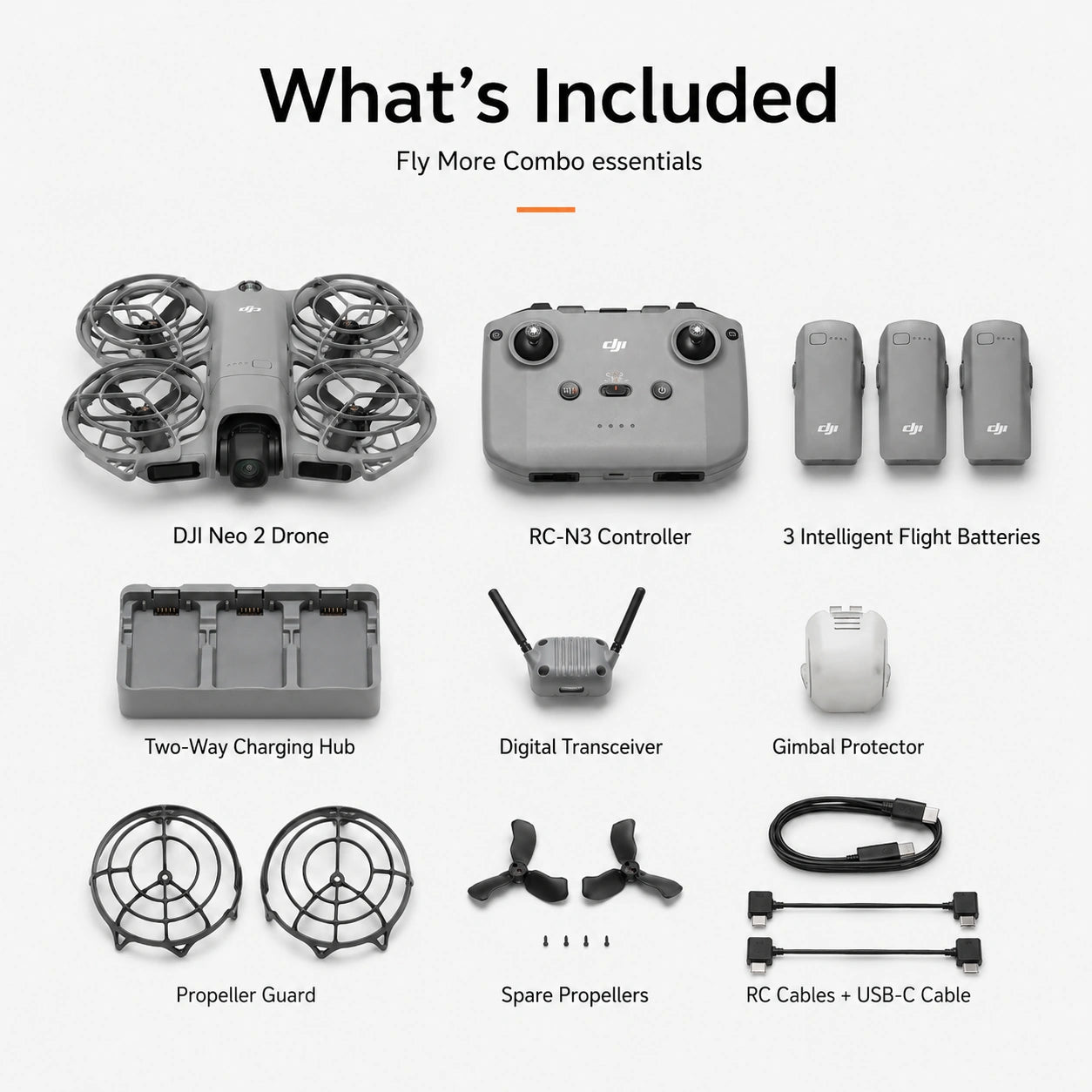 DJI Neo 2 Fly More Combo kit contents with drone controller batteries charging hub and accessories
