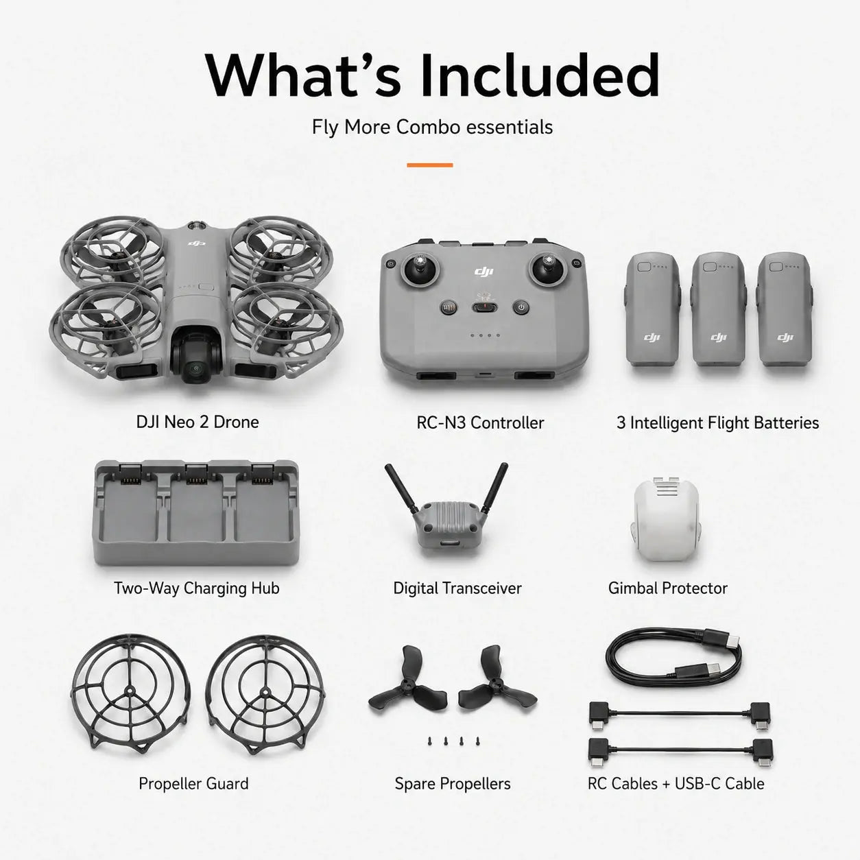 DJI Neo 2 Fly More Combo kit contents with drone controller batteries charging hub and accessories