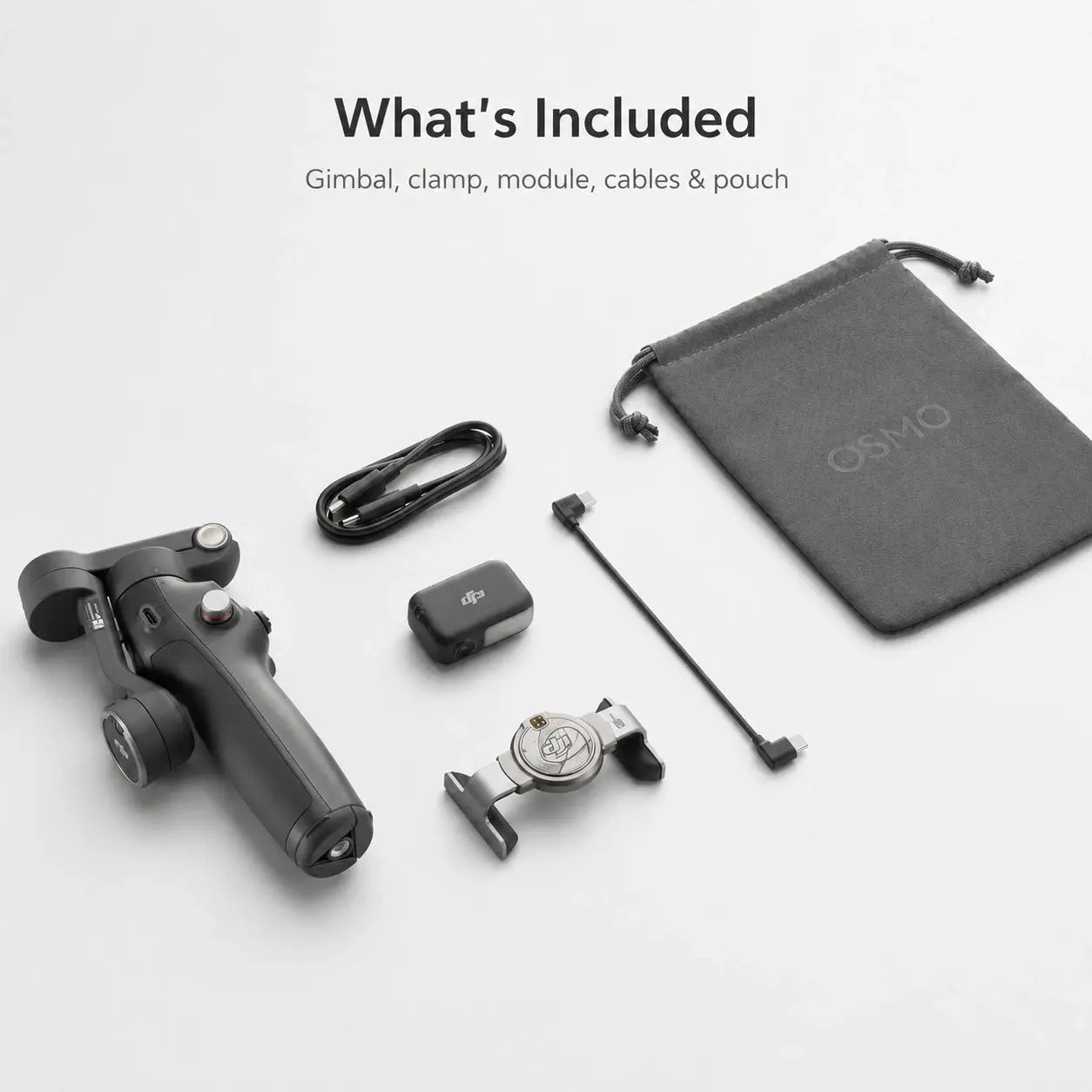 DJI Osmo Mobile 8 kit with gimbal, clamp, multifunctional module, cables and pouch at Gadgets Online NZ