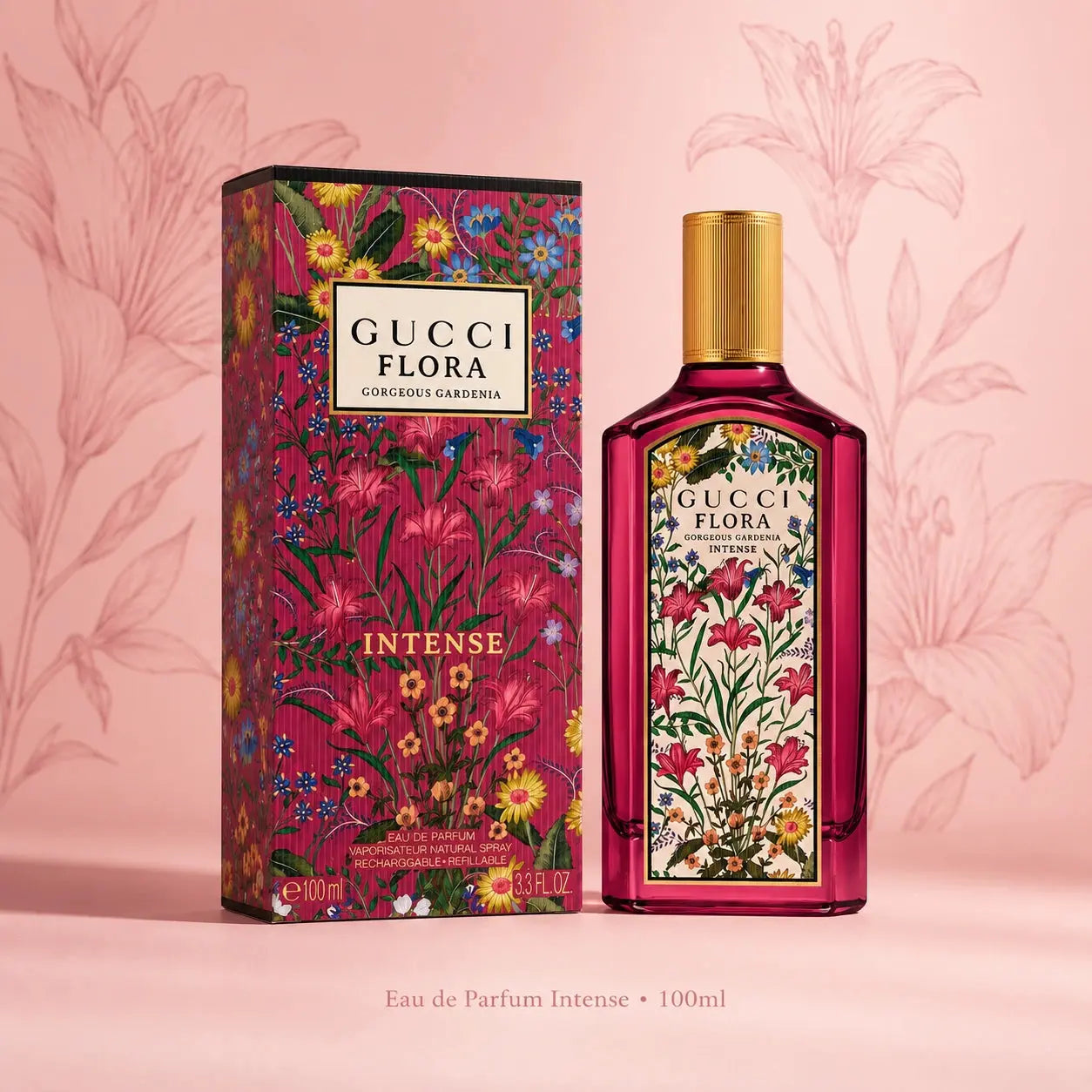 Gucci Flora Gorgeous Gardenia Intense EDP 100ml clean product image with bottle and floral box packaging at Gadgets Online NZ