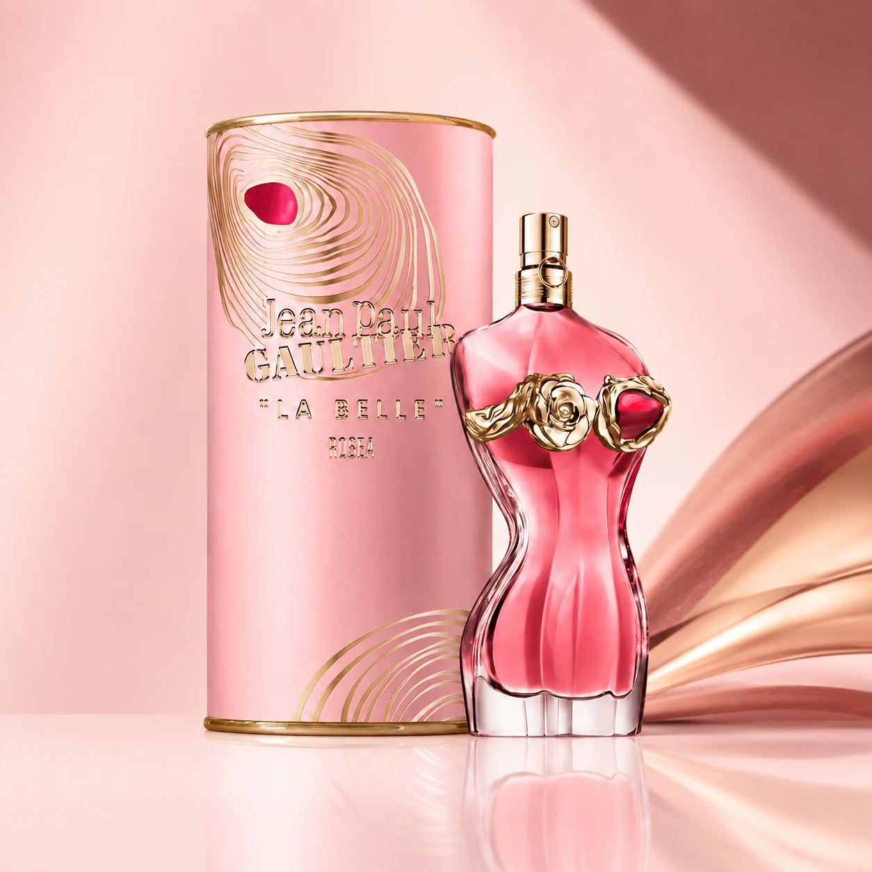 Jean Paul Gaultier La Belle Rosea EDP 100ml clean product image with perfume bottle and pink canister box at Gadgets Online NZ