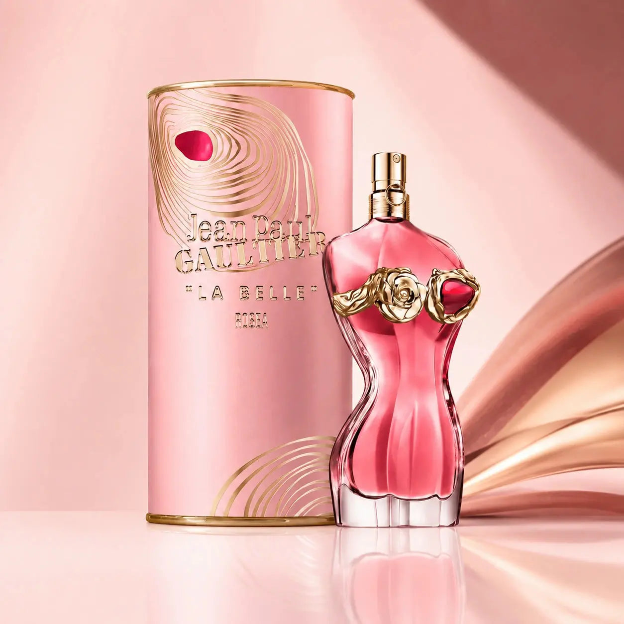 Jean Paul Gaultier La Belle Rosea EDP 100ml clean product image with perfume bottle and pink canister box at Gadgets Online NZ