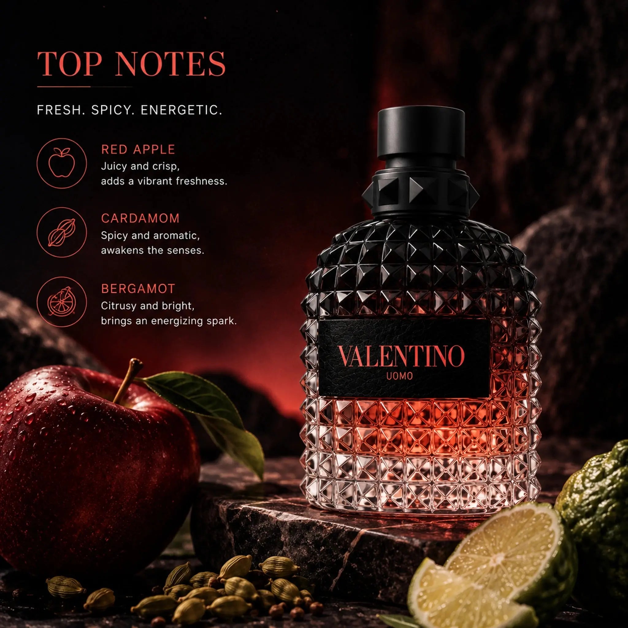 Valentino Uomo Born In Roma Coral Fantasy top notes red apple cardamom bergamot image at Gadgets Online NZ
