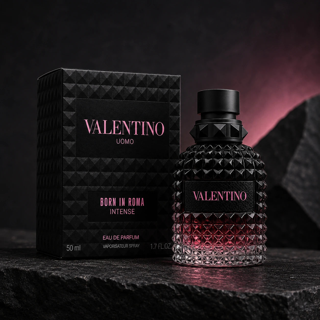 Valentino Uomo Born In Roma Intense EDP 50ml for men clean product image with black studded bottle and matching box at Gadgets Online NZ