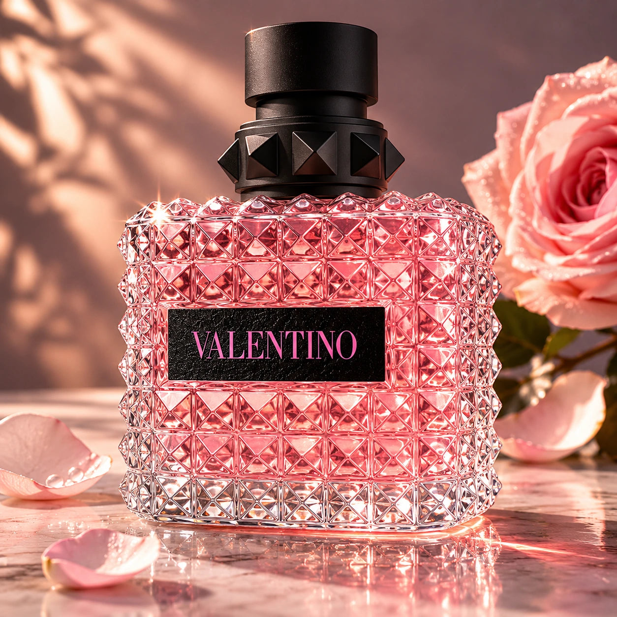 Valentino Donna Born In Roma EDP 100ml bottle close up showing studded glass bottle details